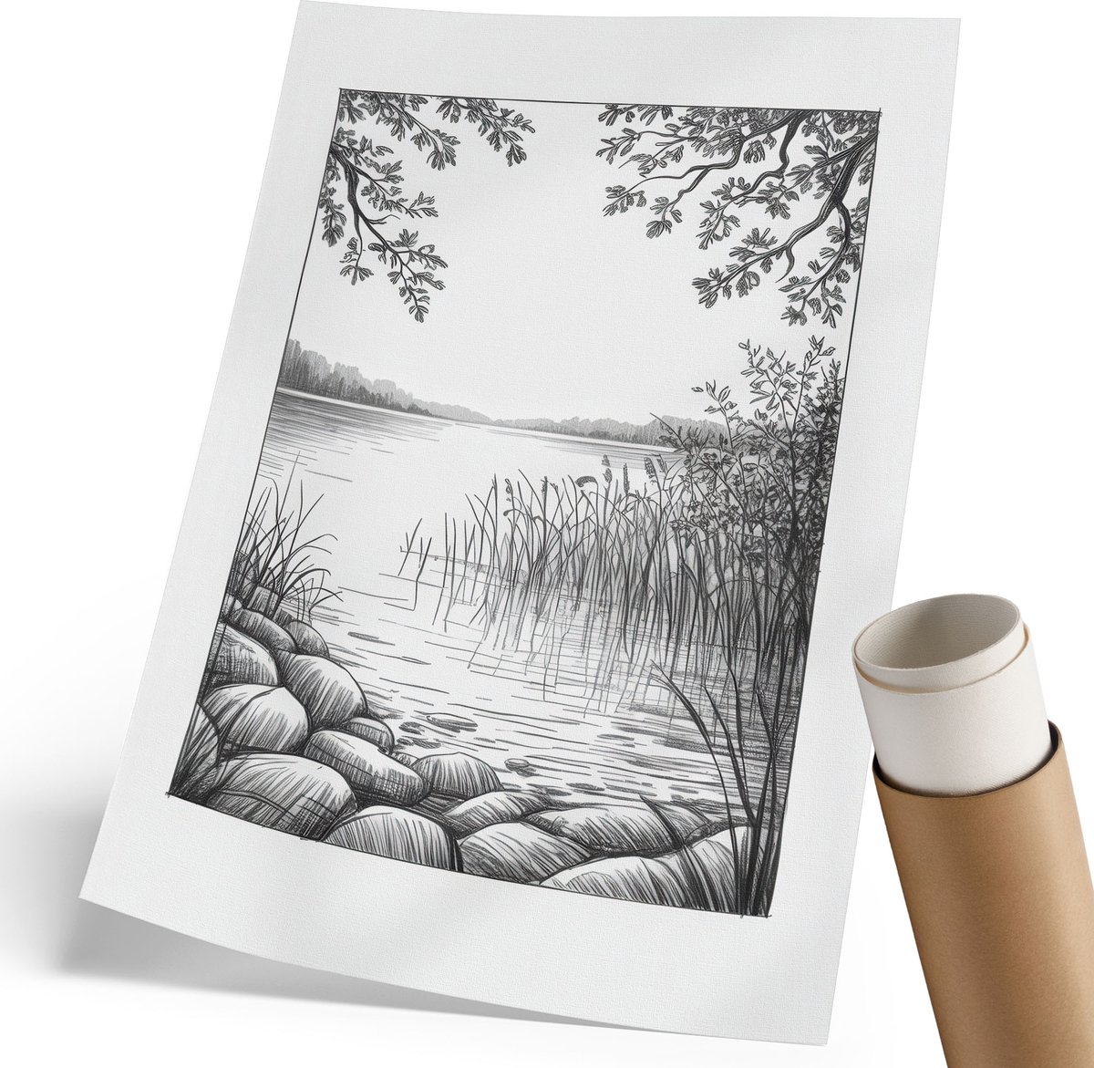 Coloray Polycanvas Wandposter - Schets Van Het Meer, Illustratie - 210 x 297 mm - Zwart-wit Kunst - Rechthoek - Wandkunstwerk - Woonkamer, Slaapkamer, Kantoor - Klassiek