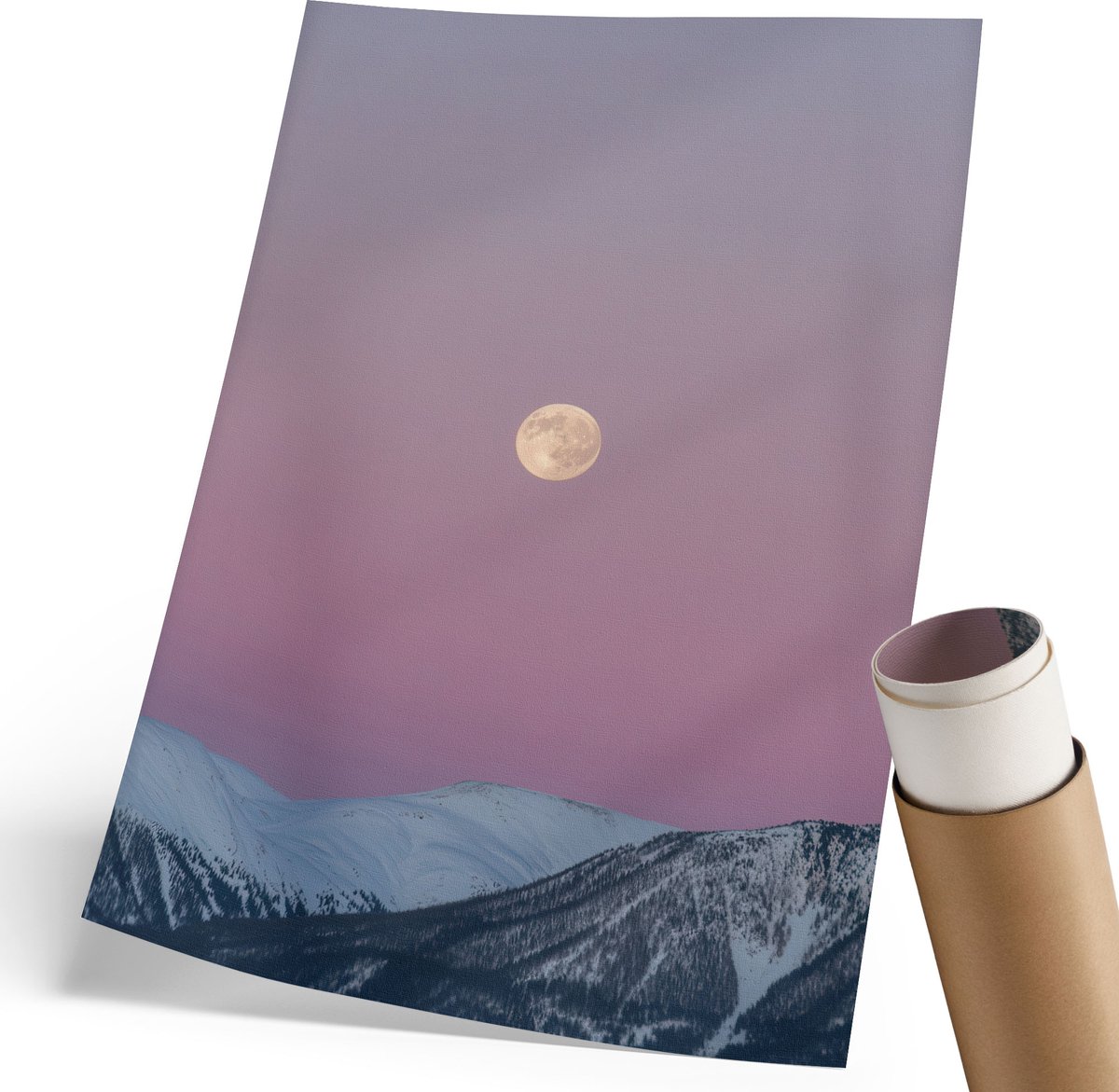 Coloray Polycanvas Wandposter - Schemering In De Bergen, Fotografie - 210 x 297 mm - Roze Illustratie - Rechthoek - Wandkunstwerk - Woonkamer, Slaapkamer, Kantoor - Klassiek