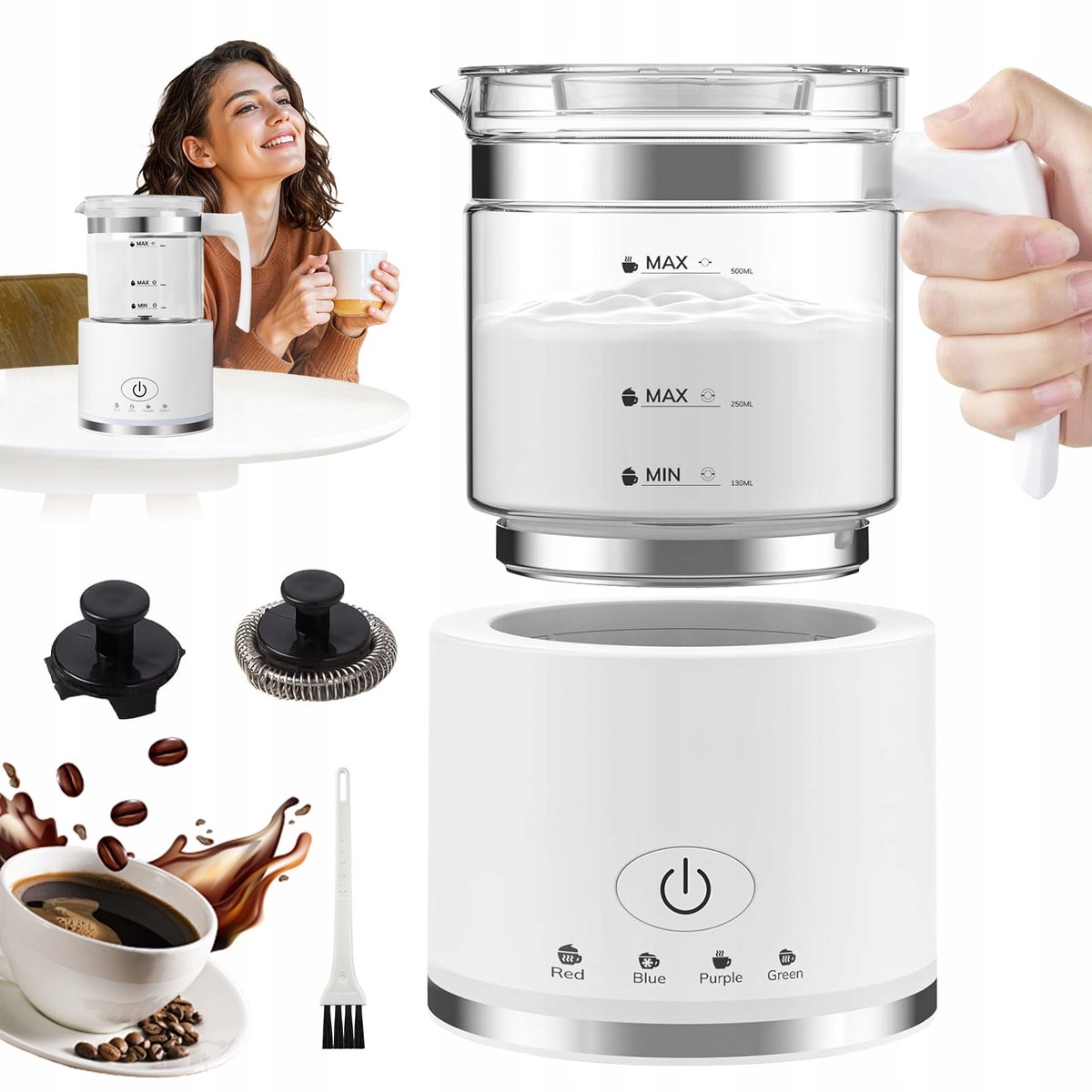 Glazen Melkopschuimer - Elektrische Melkopschuimer - Vaatwasserbestendig - 500 ml - Warm & Koud Schuim - 4 Standen - Automatische Uitschakeling - Milk Frother - Voor Latte & Cappuccino & Macchiato - Wit