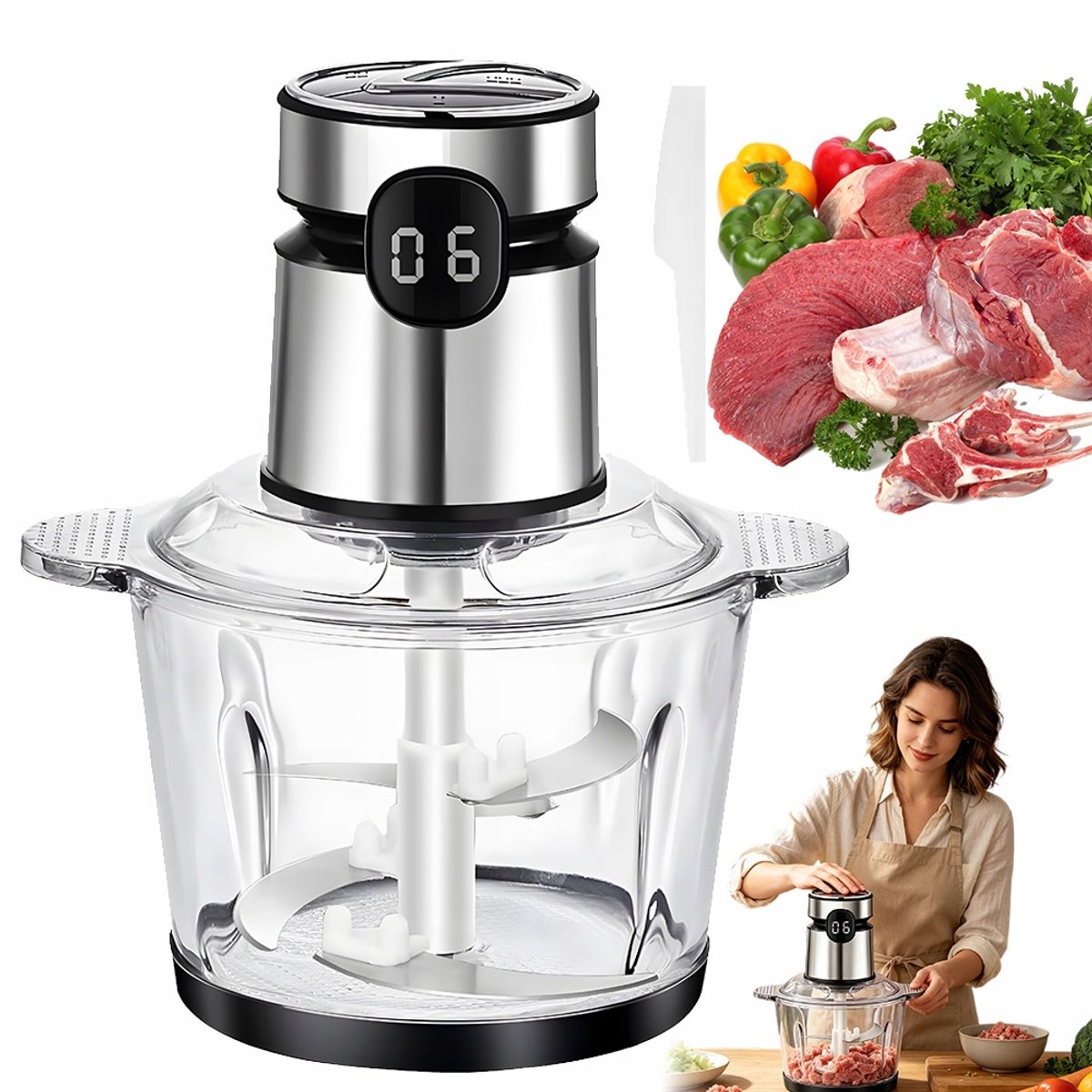 Hakmolen Elektrisch - Food Chopper - Groentesnijder - Elektrische Vleesmolen - 3 Snelheden - 2L Glazen Kom - vaatwasbestendig - Oververhittingsbeveiliging - RVS Messen - Multifunctioneel Hakmolen - Voor Vlees & Groenten & Babyvoeding