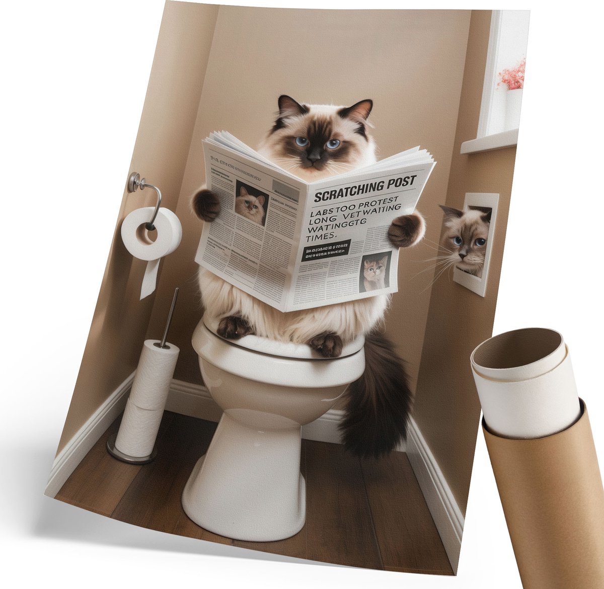 Coloray Polycanvas Poster - Kat Op Het Toilet, Illustratie - 210 x 297 mm - Beige Motief - Rechthoek - Muurdecoratie - Woonkamer, Slaapkamer, Kantoor - Humoristisch