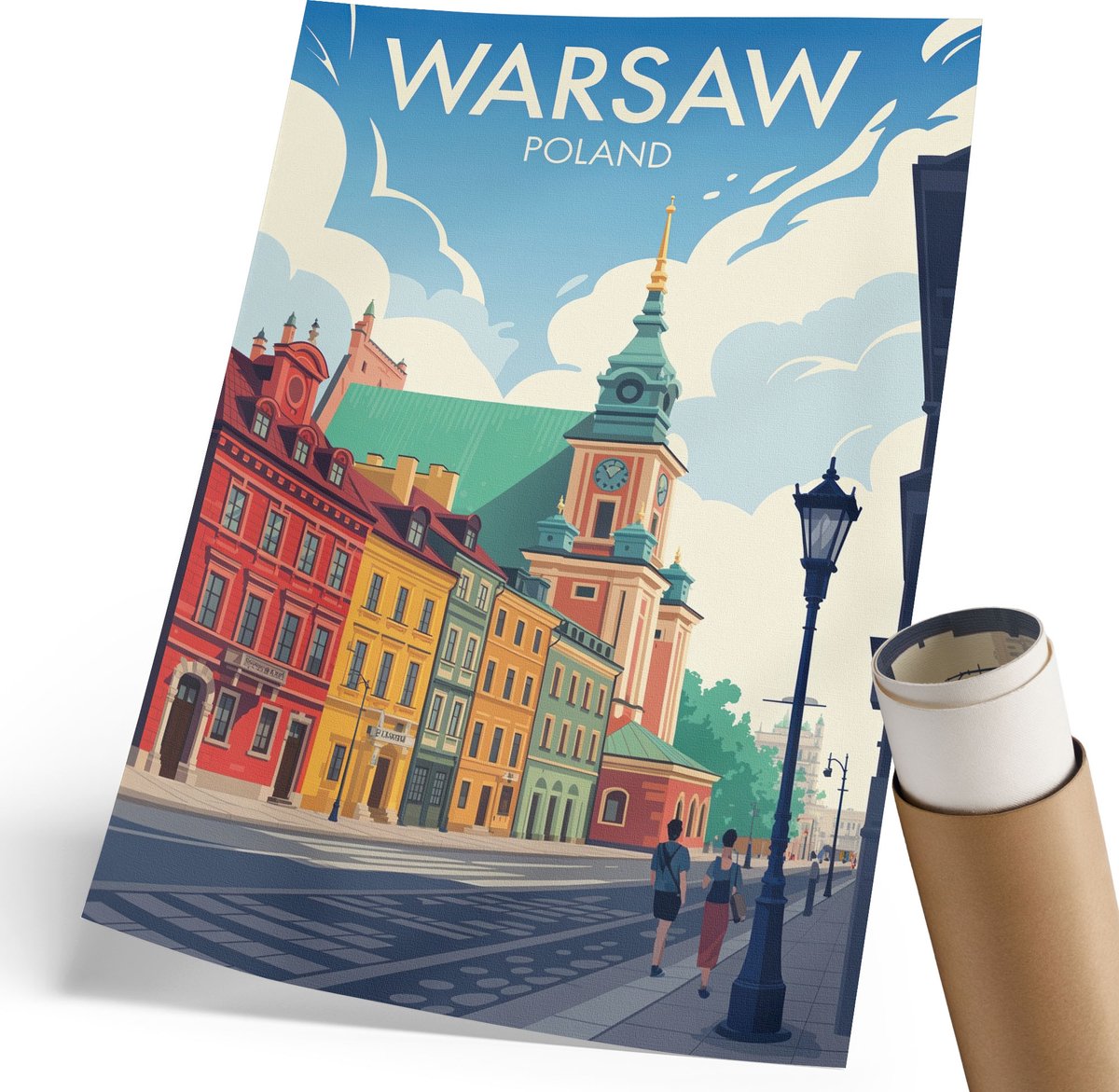 Coloray Polycanvas Poster - Warschau-Architectuur, Illustratie - 210 x 297 mm - Blauw Design - Rechthoek - Muurdecoratie - Woonkamer, Slaapkamer, Kantoor - Retro