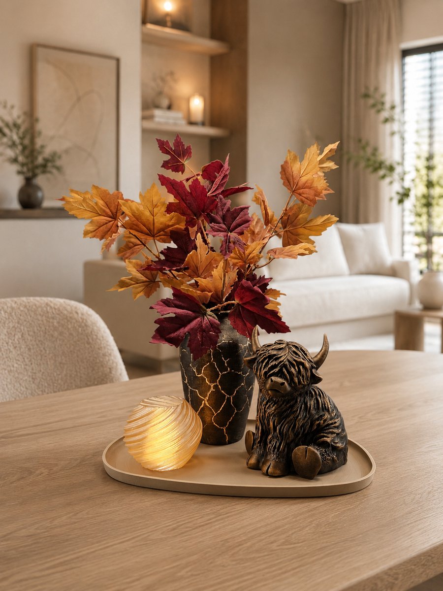 Luxe Herfst Decoratieset – Beige Dienblad met Handgeschilderde Vaas, Highlander Cow & LED Licht - 3D geprint - Uniek