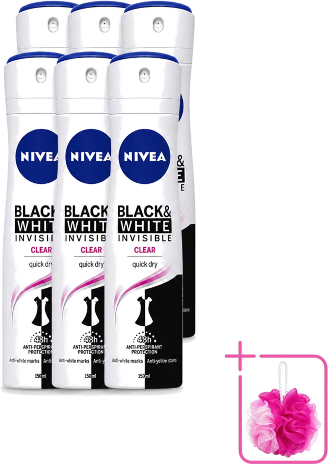 6 x Nivea - Deospray - Invisible Black & White - 48 Uur Lange Bescherming - 150 ml - Bulkverpakking - Deodorant spray - Anti-transpirant