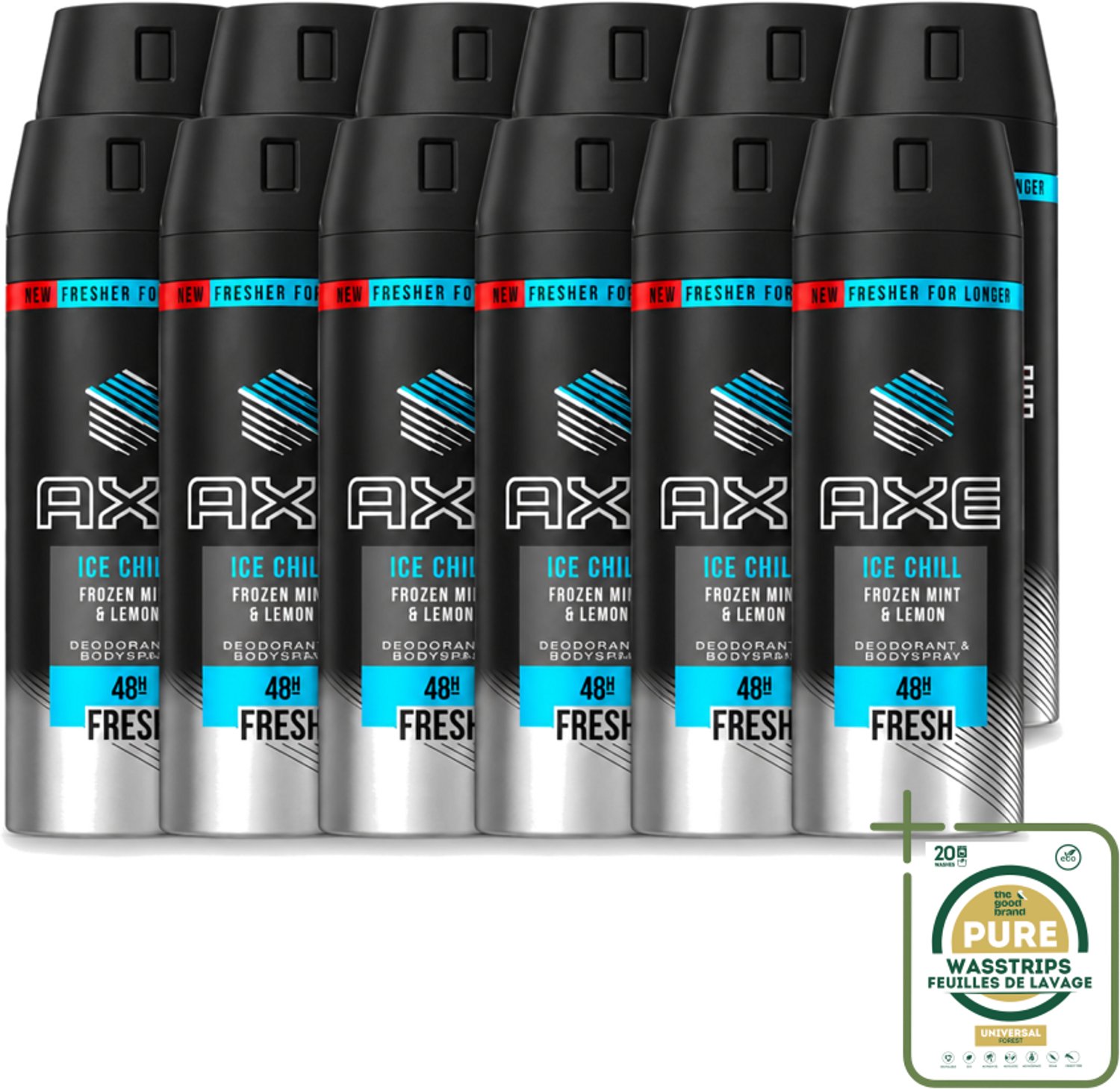 12 x Axe - Deodorant Bodyspray - 48hrs Fresh - Ice Chill - Frozen Mint & Lemon - 150 ml - Wasstrips - Axe Ice Chill - Deodorant Bodyspray - 48h Fresh - Bevroren Munt En Citroen - Geurbestrijding