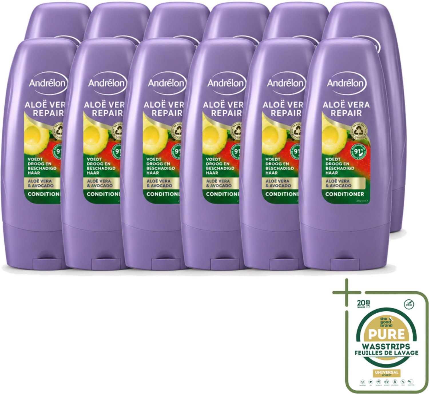12 x Andrélon - Aloe Vera Repair - Conditioner - Verzachtend & Herstellend - 250 ml - Wasstrips - Haarkleur - Haarverzorging - Haarherstel - Haarhydratatie - Droog Haar