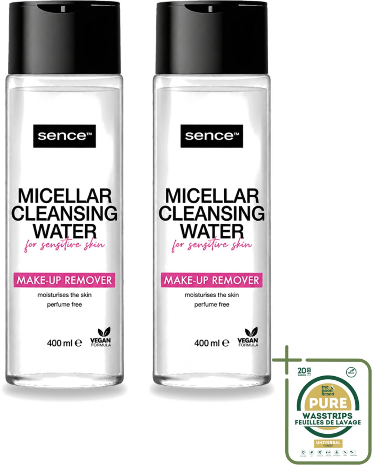 2 x Sence - Gevoelige Huid - Micellair Water - Make-up Remover - 400 ml - Wasstrips - Gevoelige Huid - Make-up Remover - Micellair Water - Hypoallergenisch - Parfumvrij