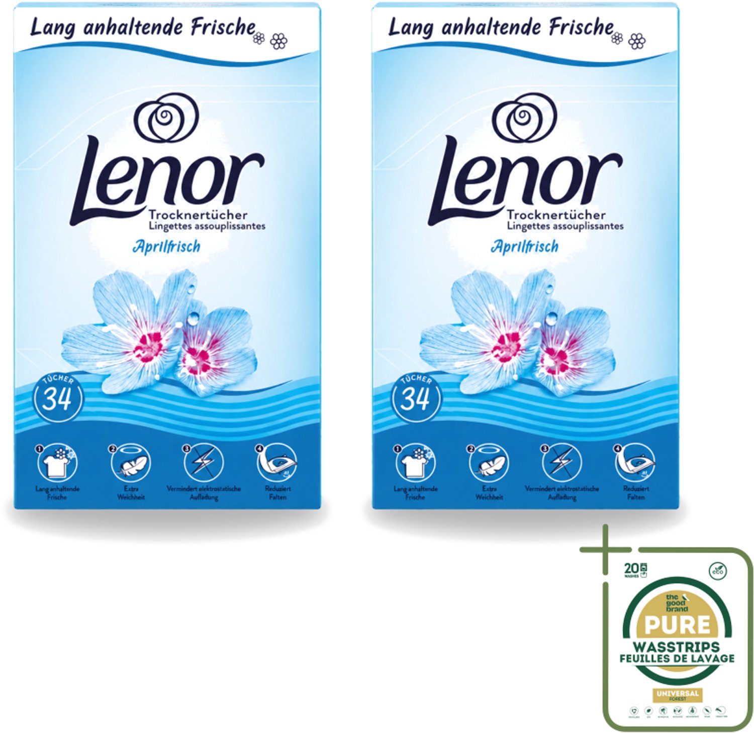 2 x Lenor - Droogtrommeldoekjes - Aprilfris - Textielverfrisser - 34 Doekjes - Wasstrips - Droogtrommeldoekjes - Wasdoekjes - Textielverfrisser - Frisheid - Statische Elektriciteit