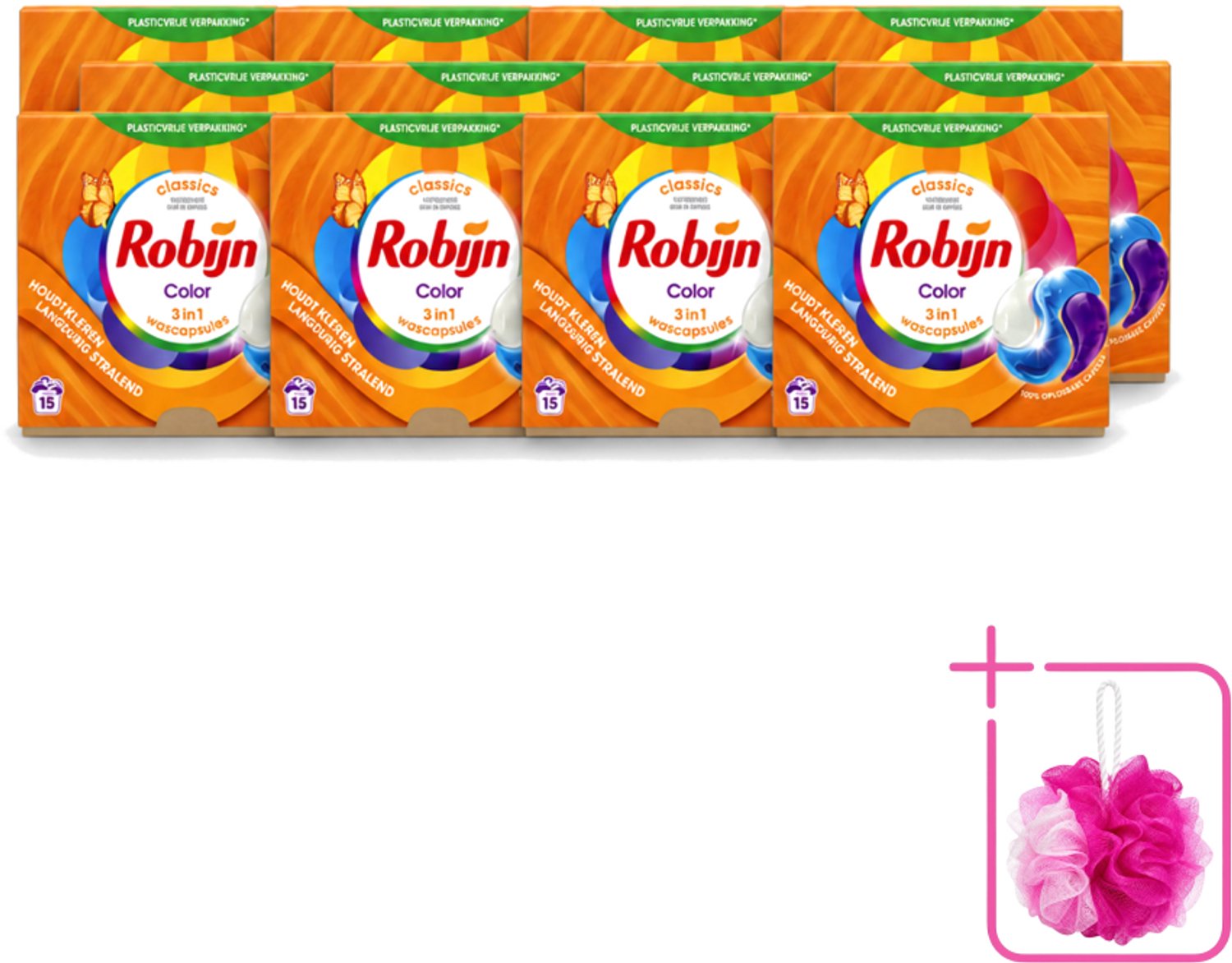 12 x Robijn – 3-in-1 Wascapsules – Color – 15 capsules - Bulkverpakking - Kleurbehoud - Douchemop - Wascapsules
