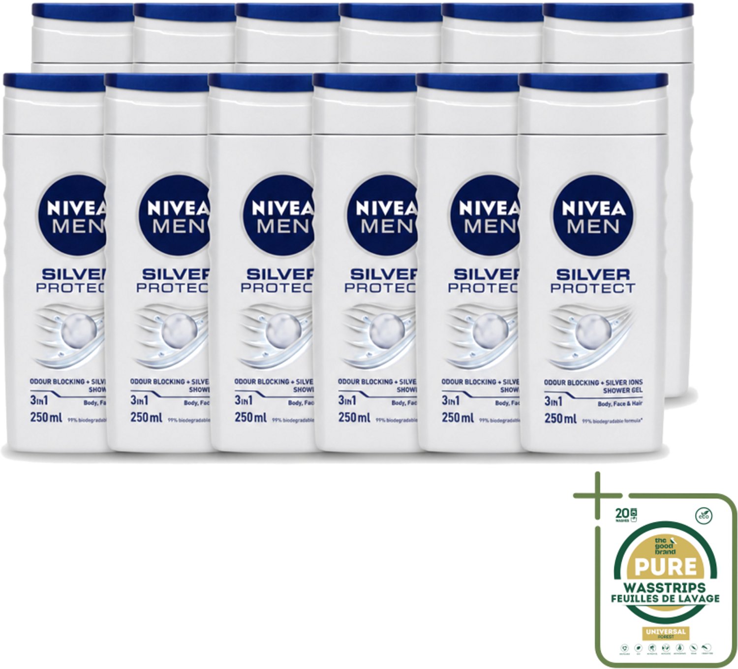 12 x Nivea Men – Douchegel – Silver Protect – 250 ml - Wasstrips - Douchegel Mannen - Zilverionen - Frisheid - Geurveroorzakende Bacteriën - 3-in-1 Douchegel