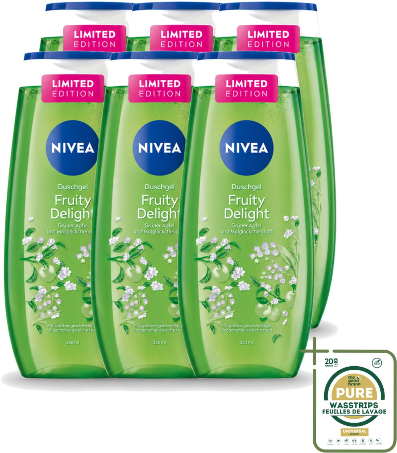 6 x Nivea – Douchegel – Fruity Delight – 250 ml - Wasstrips - Douchegel - Fruitige Geur - Huidverzorging - Milde Reiniging - Verfrissend