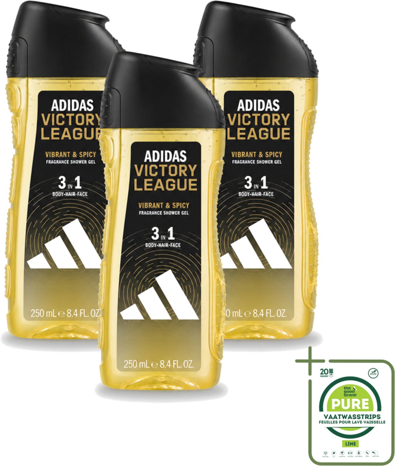 3 x Adidas - 3-in-1 Douchegel - Victory League - Vibrant & Spicy - Gerecyclede Verpakking - 250 ml - Grootverpakking - Vaatwasstrips - Douchegel - 3-in-1 - Lichaam - Gezicht - Haar