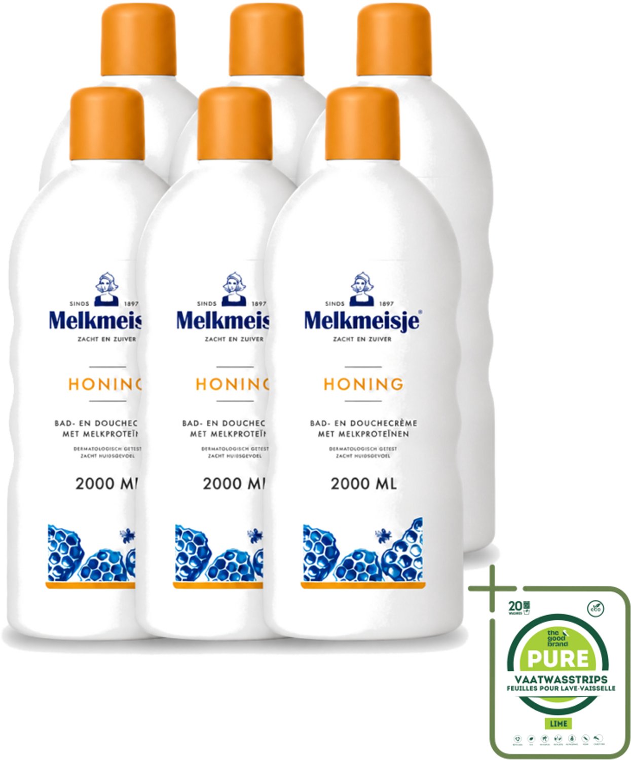 6 x Melkmeisje – Bad & Douche – Honing – 2000 ml - Grootverpakking - Vaatwasstrips - Melkmeisje Bad En Douche - Bad En Douche Crème - Melkproteïnen - Honing - Huid Verzorging