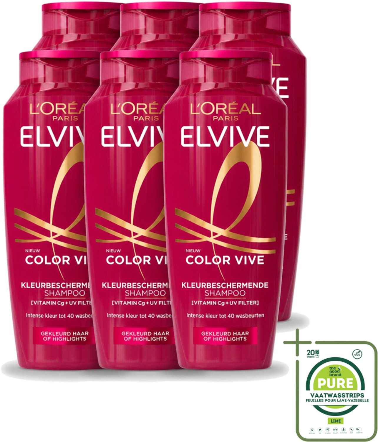 6 x L’Oréal Paris Elvive – Shampoo – Color Vive – Gekleurd Haar – 250 ml - Grootverpakking - Vaatwasstrips - Kleurbehoud Haar - Glans Haar - Gekleurd Haar - Highlights - Wasbeurten