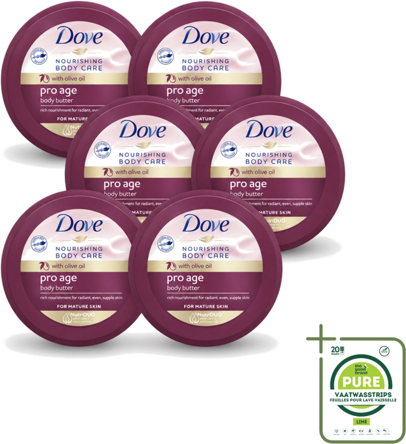 6 x Dove – Bodycrème – Pro Age – 250 ml - Grootverpakking - Vaatwasstrips - Huidverzorging - Anti-ouderdom - Huidelasticiteit - Hydratatie - Bodycrème