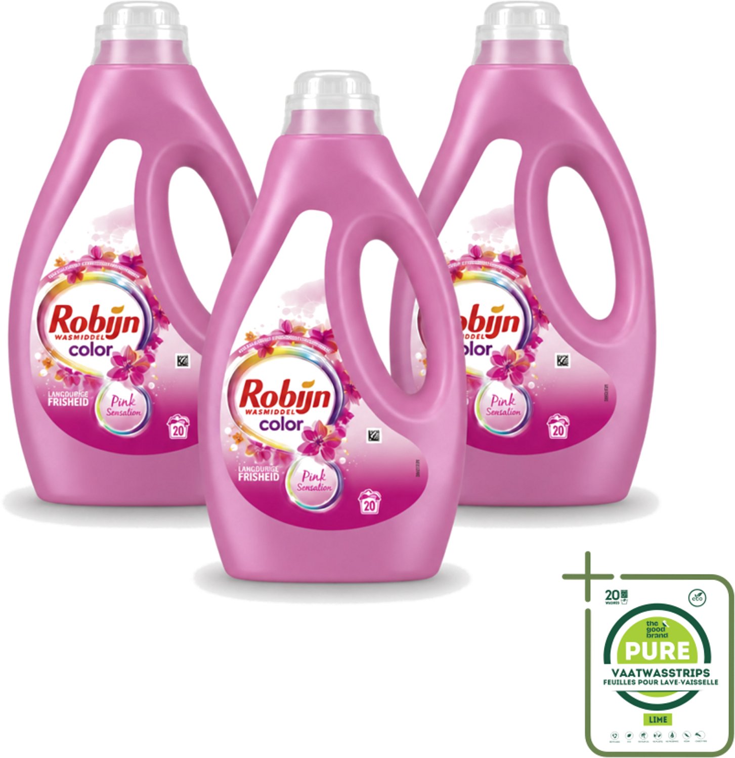 3 x Robijn – Vloeibaar Wasmiddel – Color Pink Sensation – 20 wasbeurten - Grootverpakking - Vaatwasstrips - Kleurverzorging - Wasmiddel - Frisheid - Geur - Was