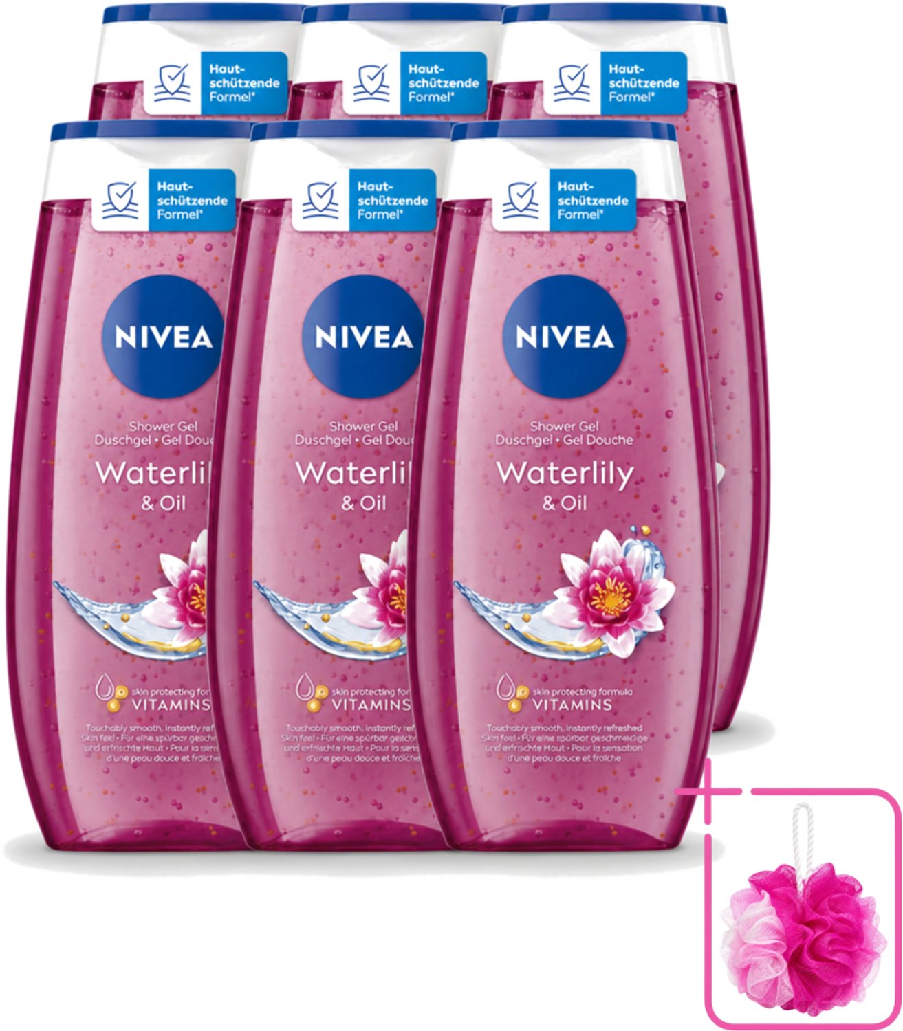 6 x Nivea – Douchegel – Waterlily & Oil – 250 ml - Bulkverpakking - Douchegel - Douchemop - Waterlelie