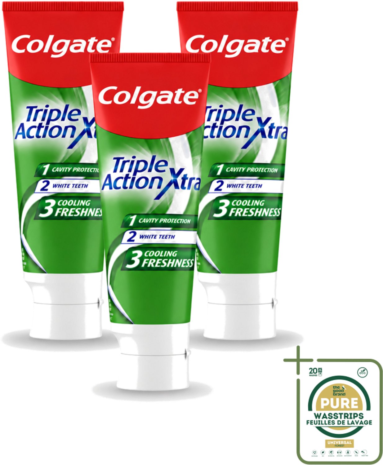 3 x Colgate - Triple Action - Xtra Fresh - Tandpasta - 75ml - Wasstrips - Tandpasta - Gaatjes - Tanden - Frisse Adem - Witte Tanden