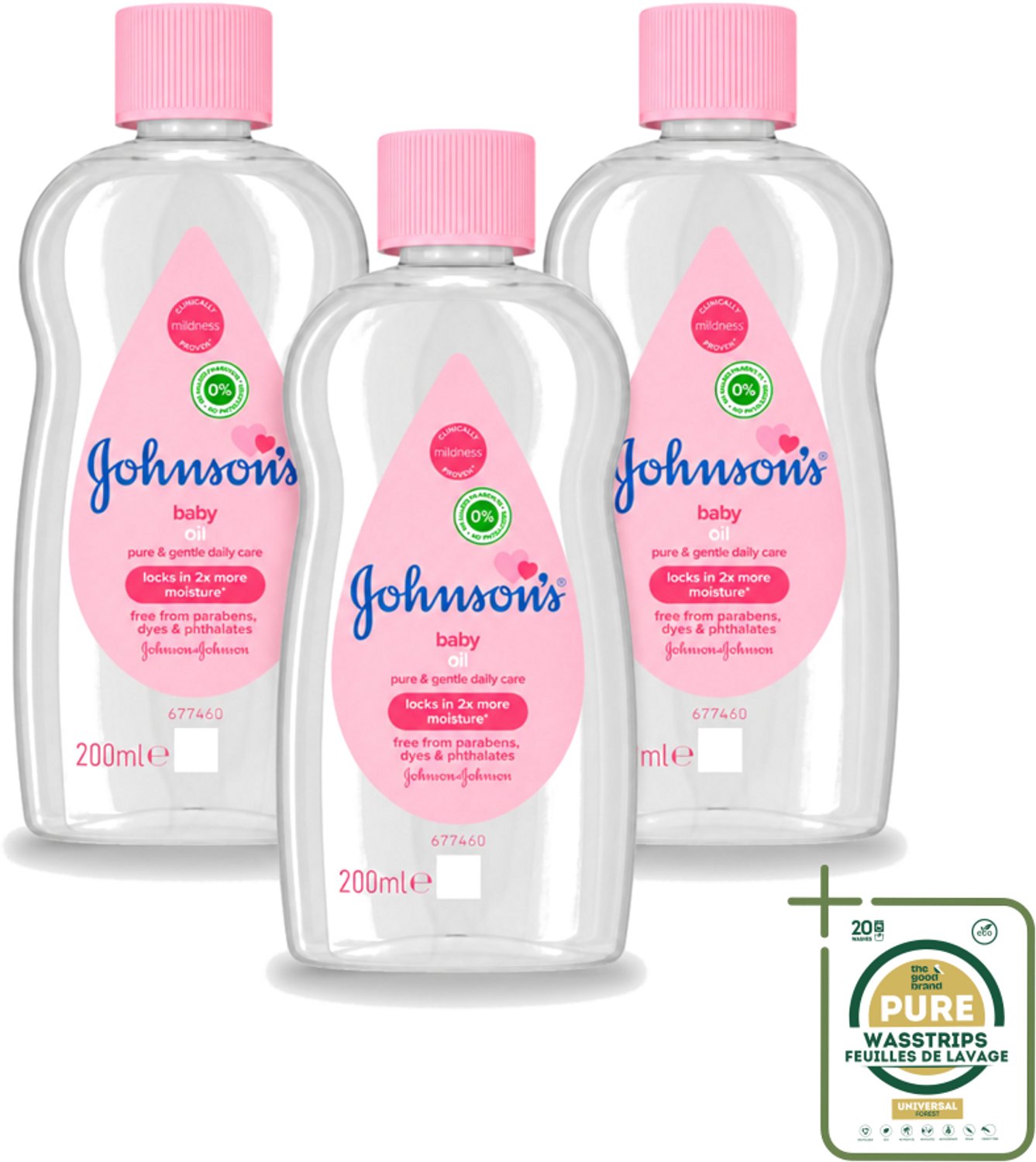 3 x Johnson's - Baby Olie - Puur & Zacht - 200 ml - Wasstrips - Babyolie - Babyhuid Verzorging - Hydrateren Babyhuid - Zachte Babyhuid - Babyhuid Beschermen