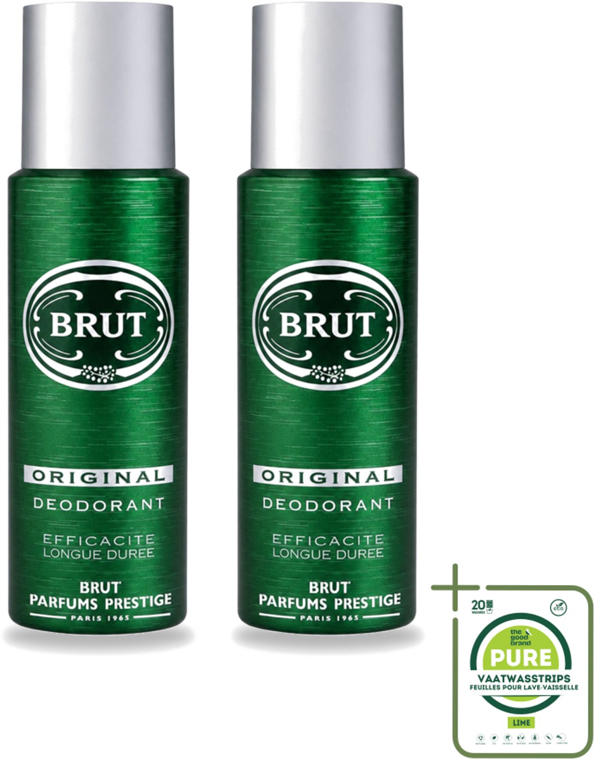 2 x Brut - Deodorant - Spray - Original - Langdurige frisheid - 200ml - Grootverpakking - Vaatwasstrips - Deodorant Spray - Lichaamsgeur - Zweetvermindering - Frisheid - Mannelijke Geur