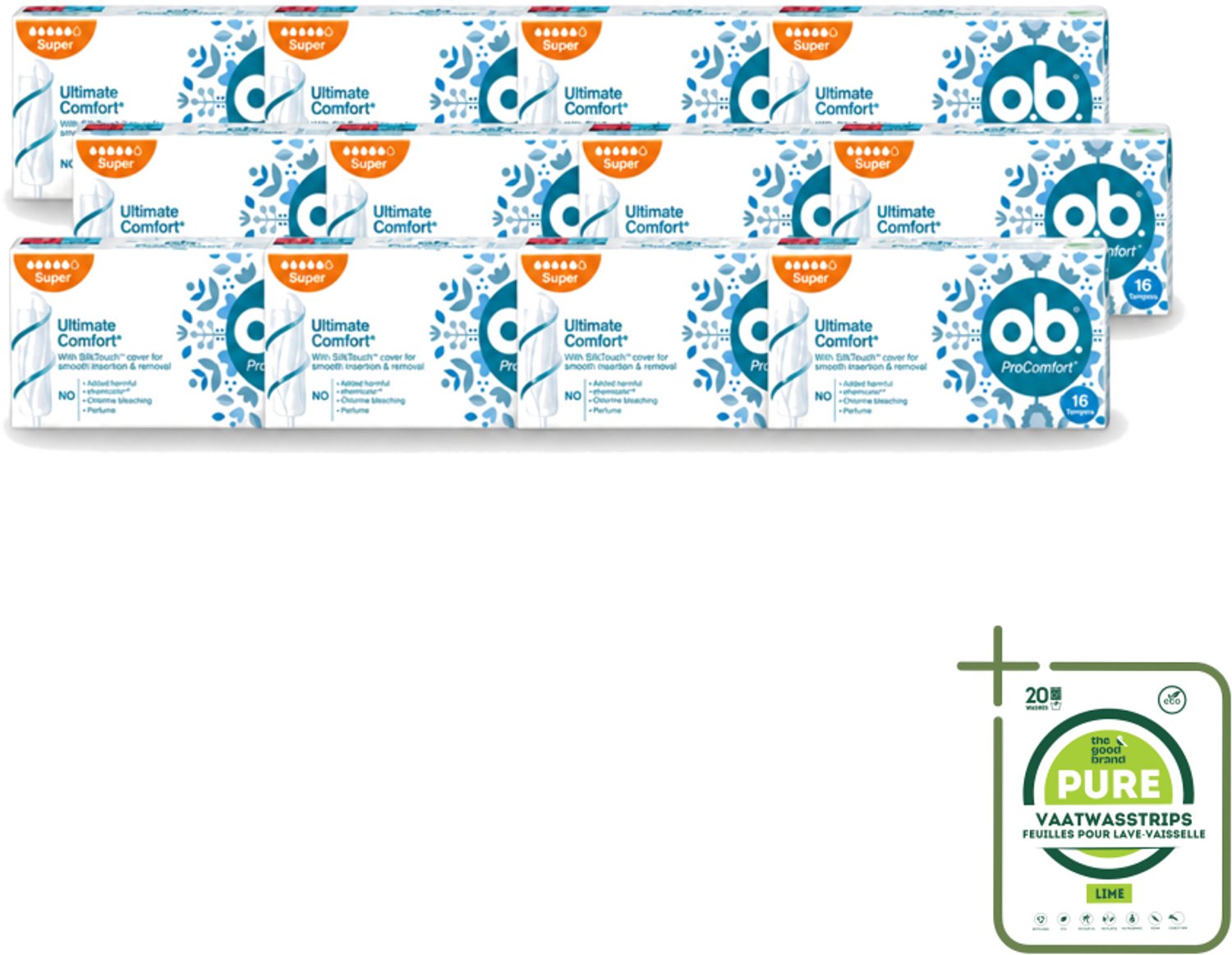 12 x o.b. Tampons - ProComfort Super - Voor Comfort en Zachte Bescherming - 16 Tampons - Grootverpakking - Vaatwasstrips - Tampons - Menstruatiebescherming - Comfort - Zachte Bescherming - Plantaardige Kern
