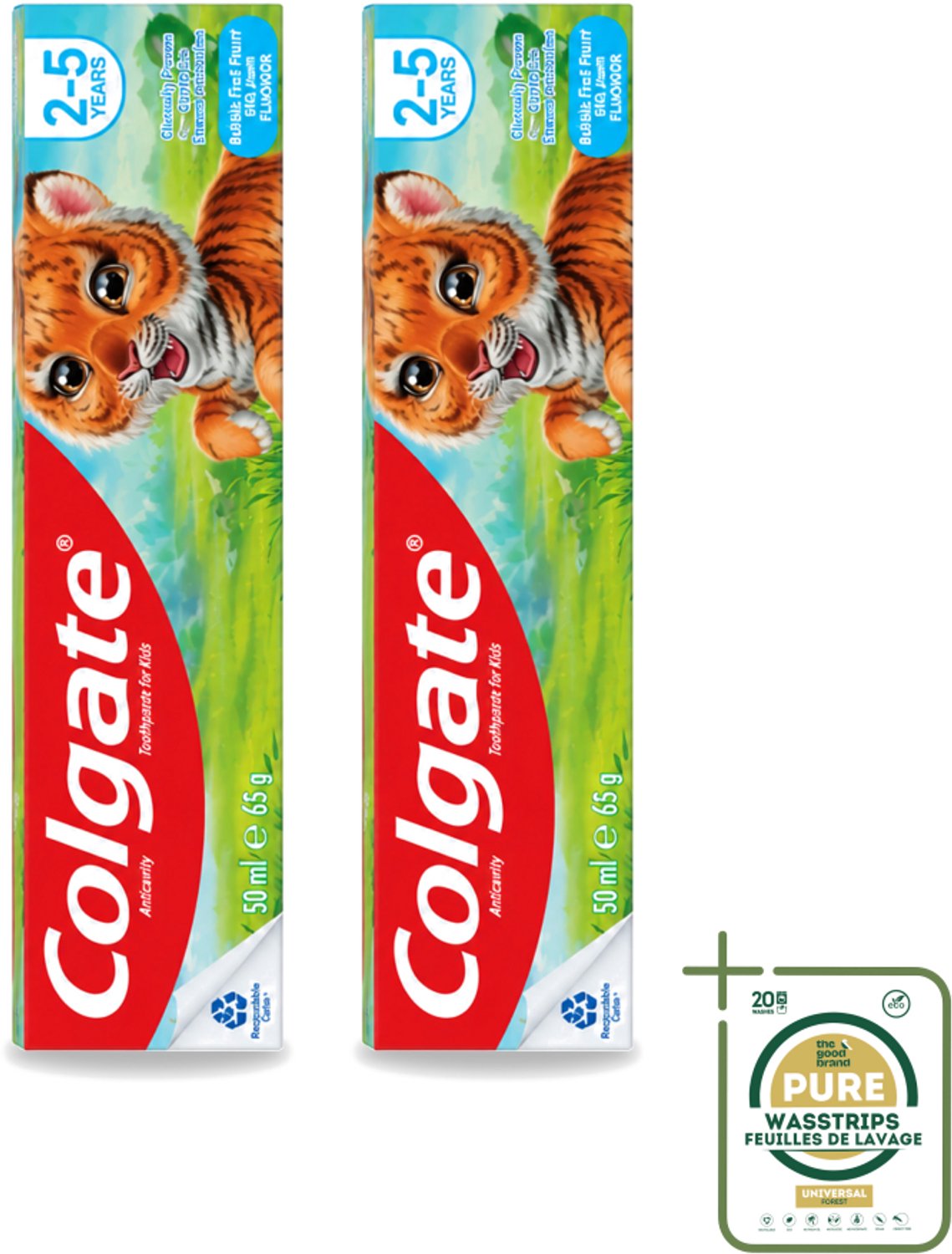 2 x Colgate - Bubble Fruit - Kindertandpasta - Voor 2 tot 5 jaar oud - 50ml - Wasstrips - Kindertandpasta - Gaatjes Bestrijden - Melktanden Beschermen - Tandpasta Voor Kinderen - Bubble Fruit Smaak