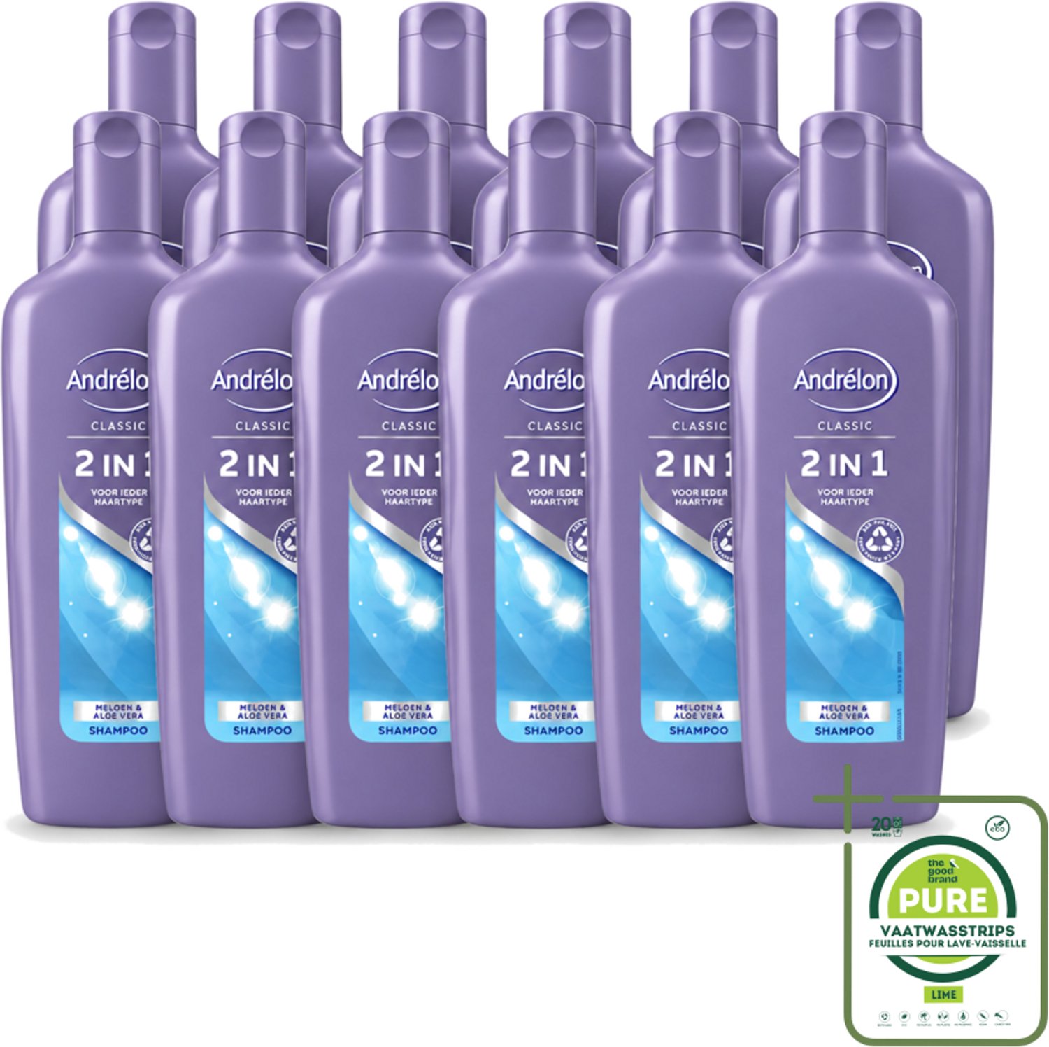 12 x Andrélon - 2-in-1 - Shampoo - Voor Snel & Effectief Wassen - 300 ml - Grootverpakking - Vaatwasstrips - 2-in-1 Shampoo En Conditioner - Snel Wassen - Haar Verzorgen - Meloen En Aloë Vera - Hydraat