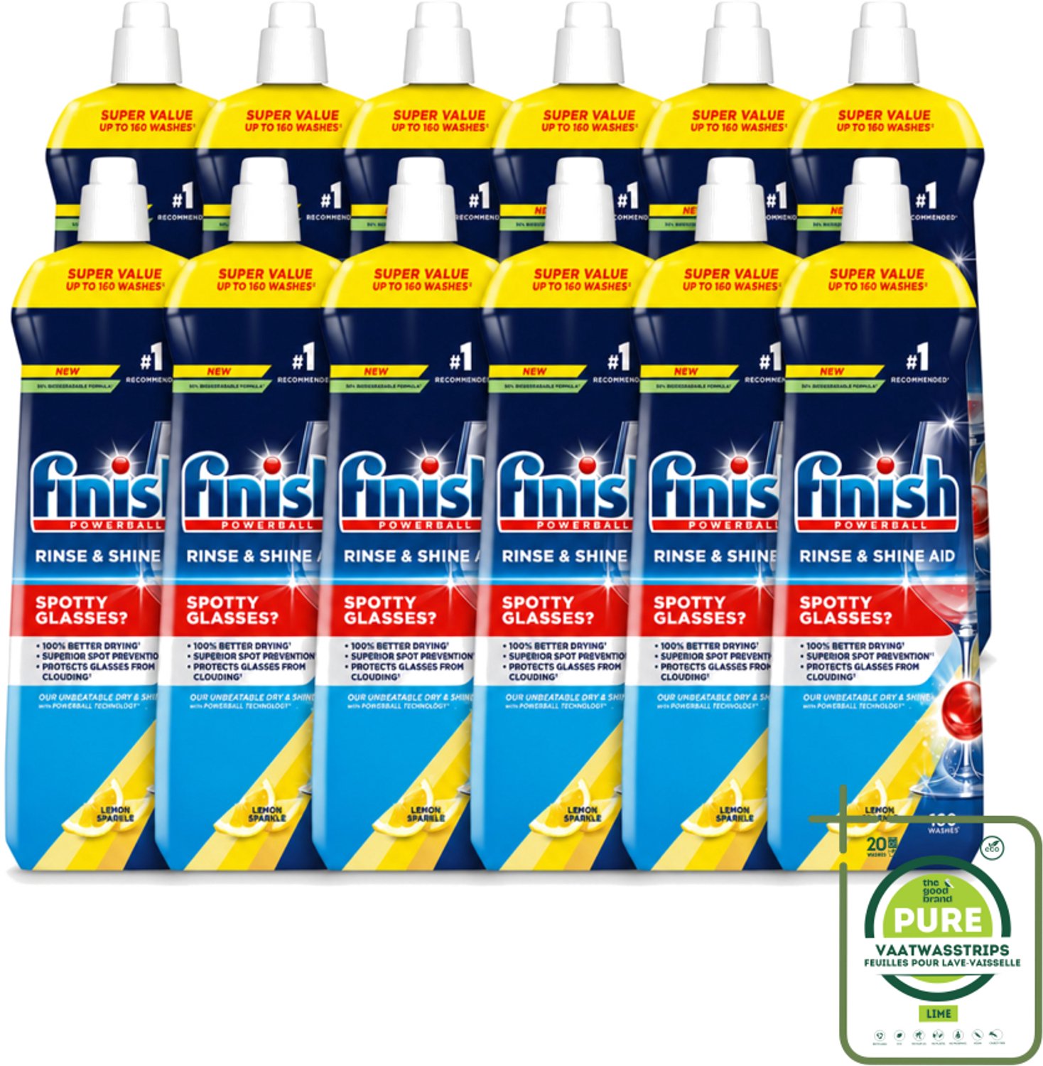 12 x Finish - Powerball - Vaatwasreiniger - Glansspoelmiddel - Perfecte Droging - Citroen - 160 Wasbeurten - Grootverpakking - Vaatwasstrips - Glansspoelmiddel - Snel Drogen - Vlekken Voorkomen - Kalkaanslag - Glans