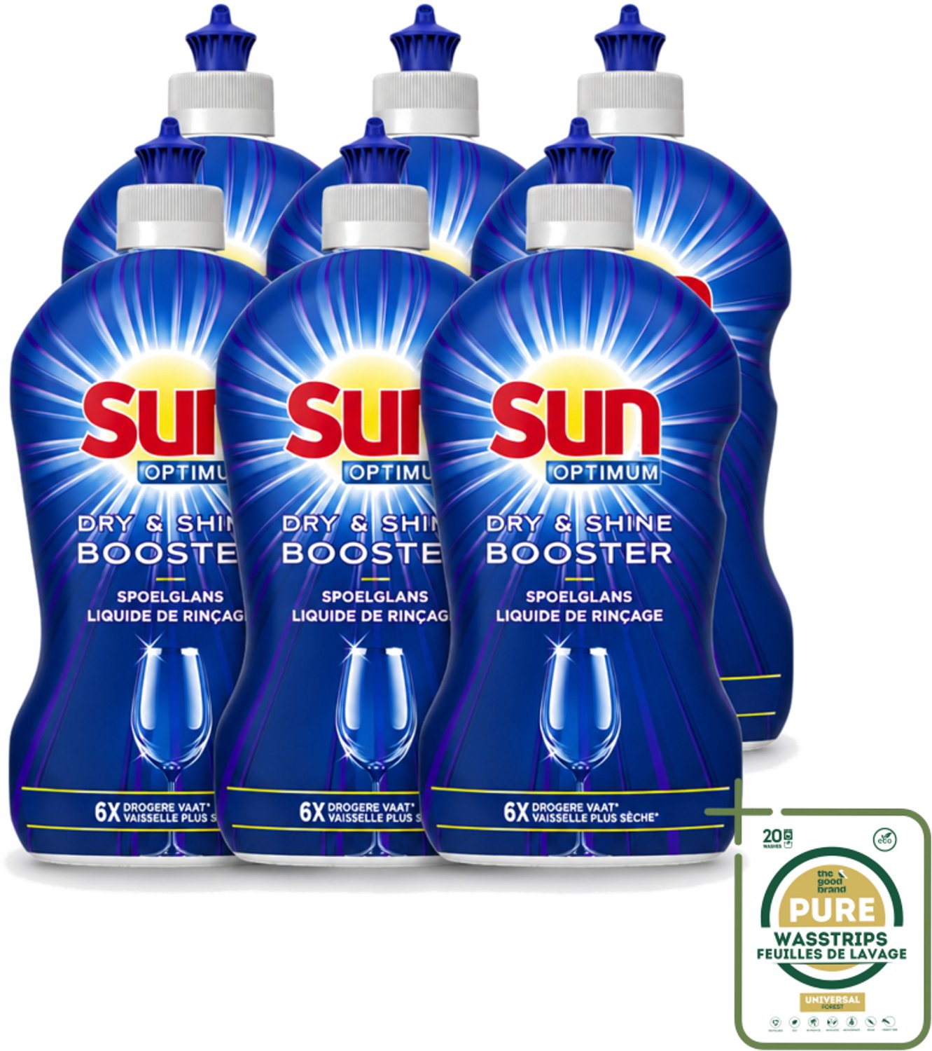 6 x Sun - Shine & Dry Booster - Spoelglans - 450 ml - Wasstrips - Spoelglans - Vaatwasmachine - Snellere Droging - Streeploze Afwerking - Glanzend Resultaat