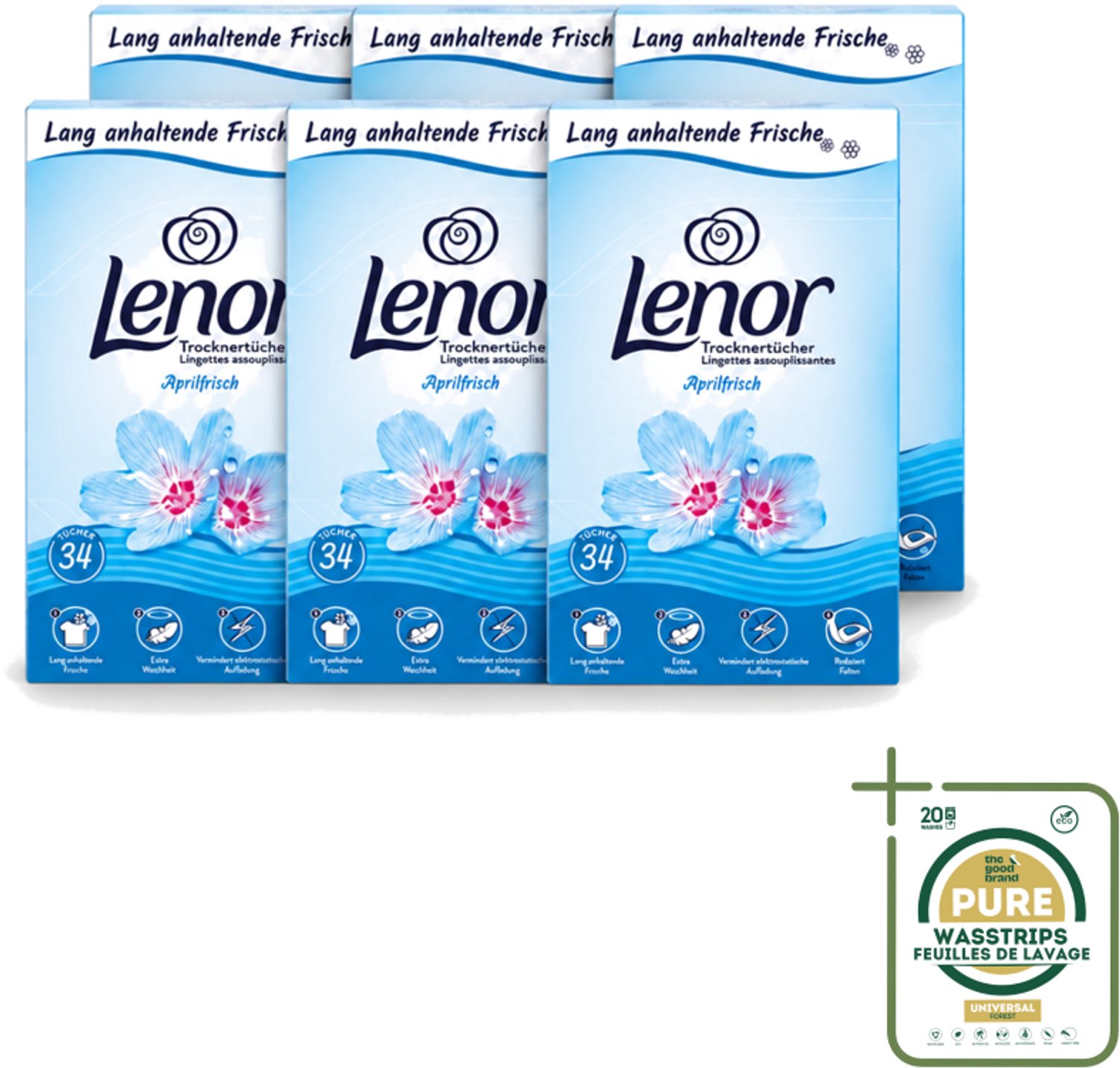 6 x Lenor - Droogtrommeldoekjes - Aprilfris - Textielverfrisser - 34 Doekjes - Wasstrips - Droogtrommeldoekjes - Wasdoekjes - Textielverfrisser - Frisheid - Statische Elektriciteit