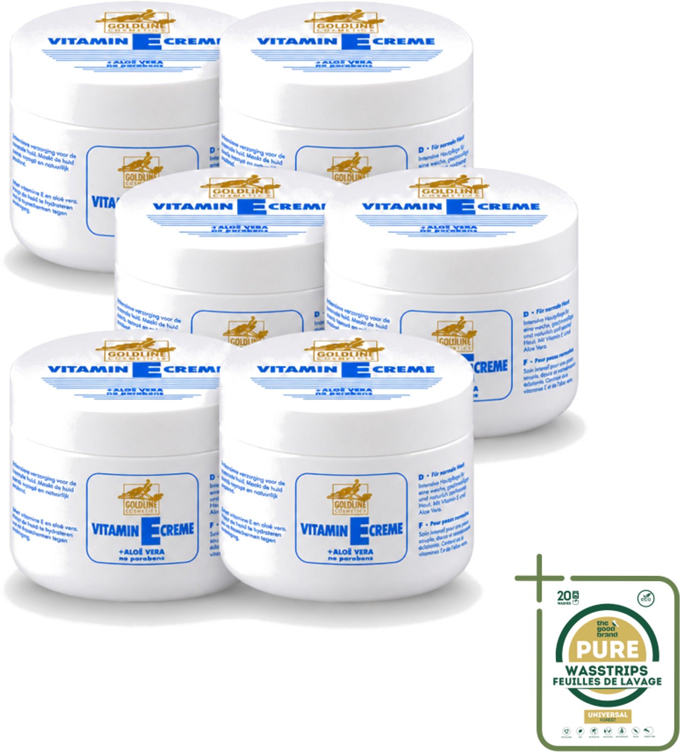 6 x Goldline - Bodycrème - Vitamine-E & Aloë Vera - Normale Huid - Hydraterend - 250 ml - Wasstrips - Bodycrème - Vitamine E - Aloë Vera - Hydraterend - Huidverzorging