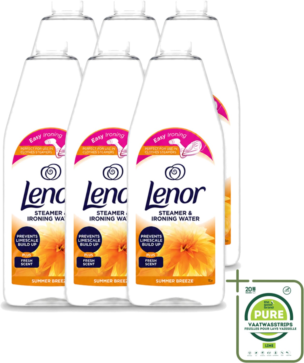 6 x Lenor - Strijkwater - Summer Breeze - Textielverfrisser - 1000 ml - Grootverpakking - Vaatwasstrips - Strijkwater - Zomerse Geur - Textielverfrisser - Wasgoed - Kledingverfrisser