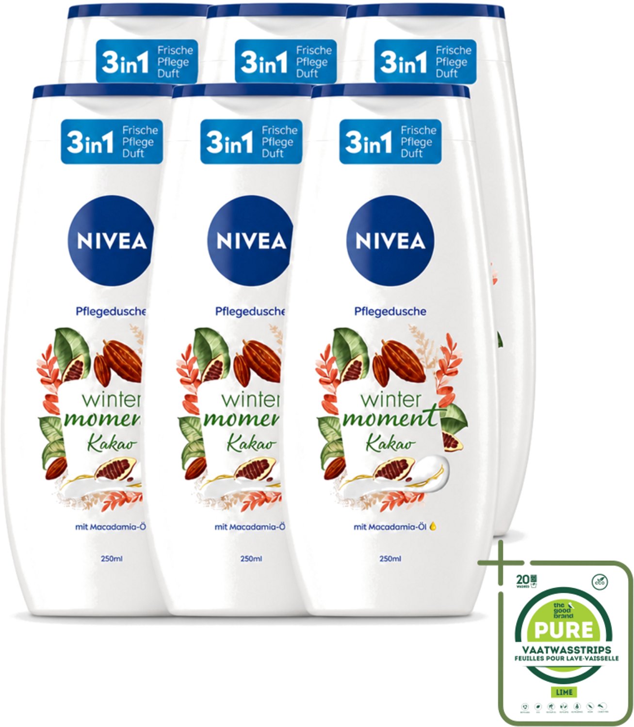6 x Nivea - Douchegel - Winter Moment Cacao - 250 ml - Grootverpakking - Vaatwasstrips - Douchegel Winter - Verzorgende Douchegel - Cacao Douchegel - Huid Verzorging - Winter Douchegel