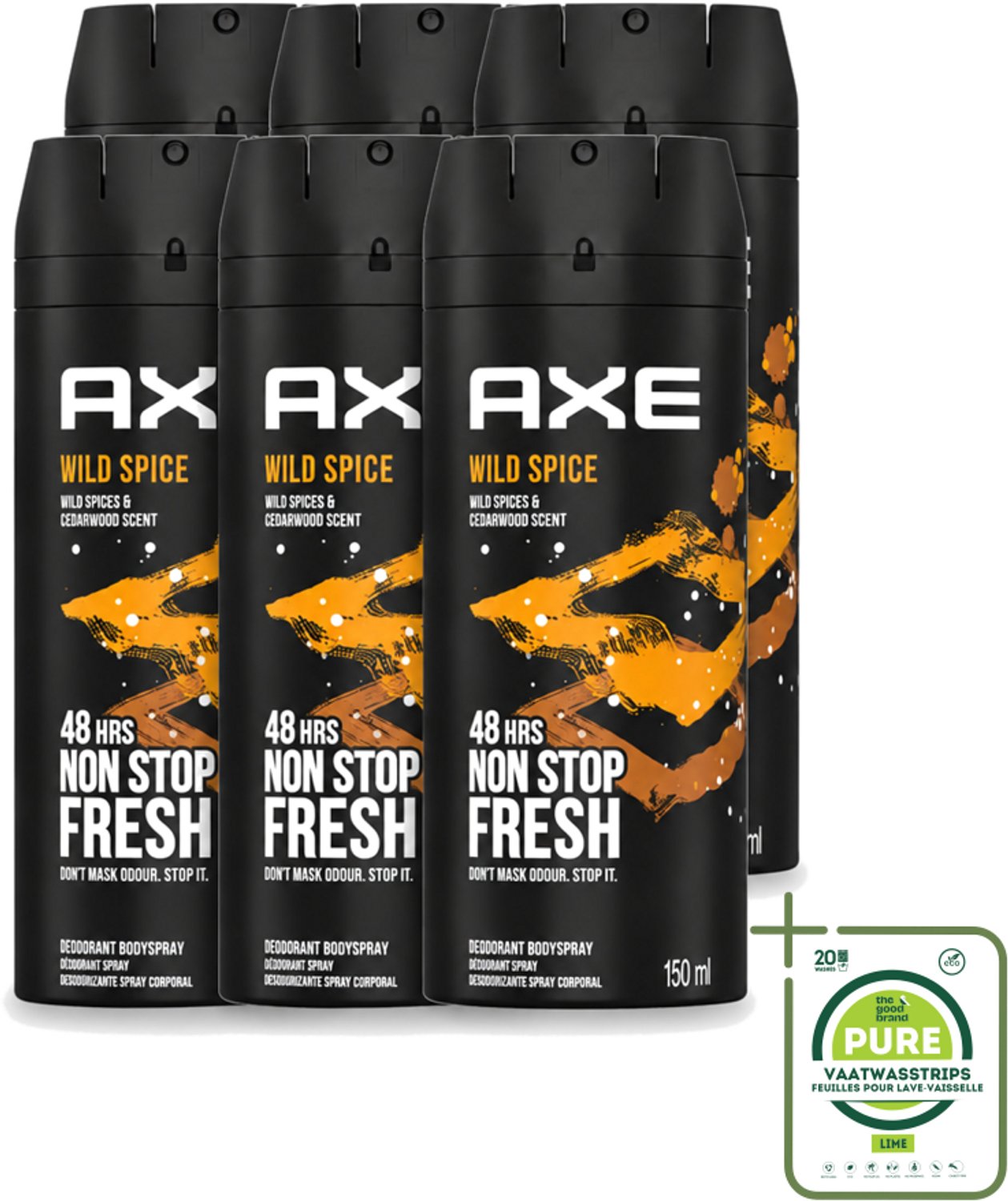 6 x Axe - Deodorant Bodyspray - 48hrs Non Stop Fresh - Wild Spice - Wild Spices & Cedarwood - 150 ml - Grootverpakking - Vaatwasstrips - Deodorant - Bodyspray - Cederhout Geur - Mannelijke Geur - Frisse Geur
