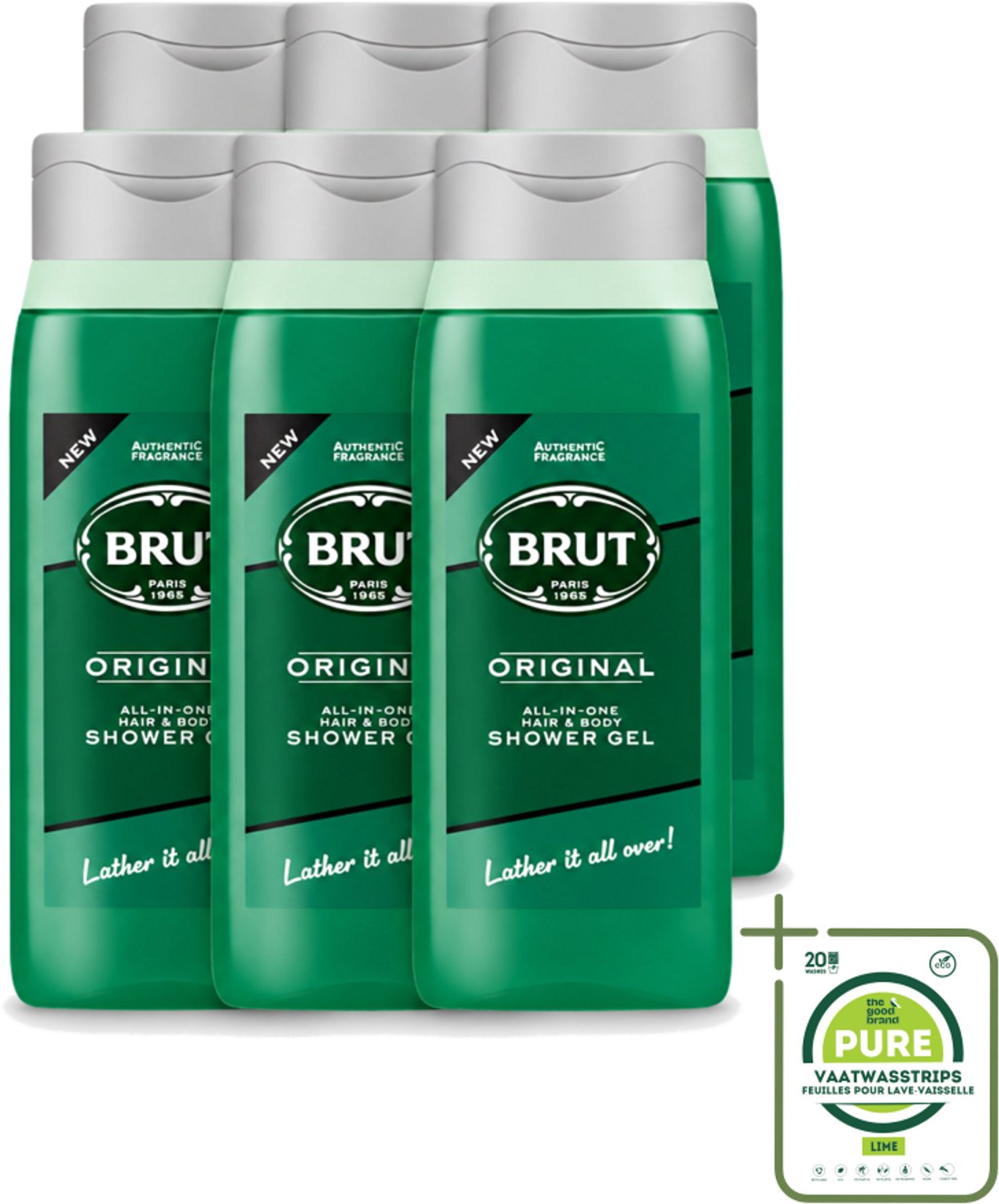 6 x Brut - Douchemiddel - All in One Haar en Body - Original - Verzorgend & Verfrissend - 500ml - Grootverpakking - Vaatwasstrips - Douchegel Haar En Lichaam - Verzorgende Douchegel - Brut Douchegel - All In One Douchegel - Douchegel Voor Mannen