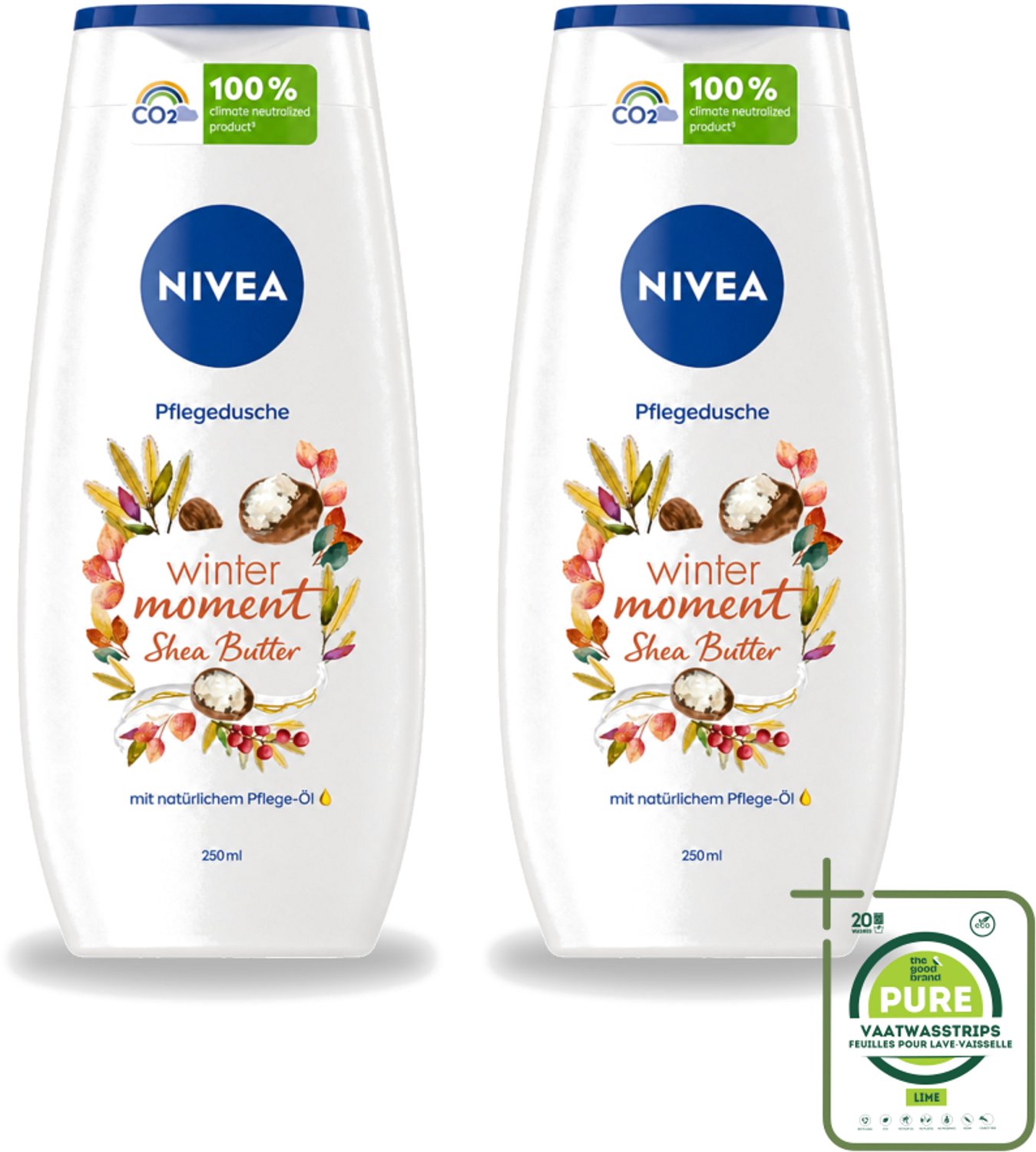 2 x Nivea - Douchegel - Winter Moment Shea Butter - 250 ml - Grootverpakking - Vaatwasstrips - Douchegel Winter - Sheaboter Douchegel - Hydraterende Douchegel - Verzorgende Douchegel - Winterdouchegel