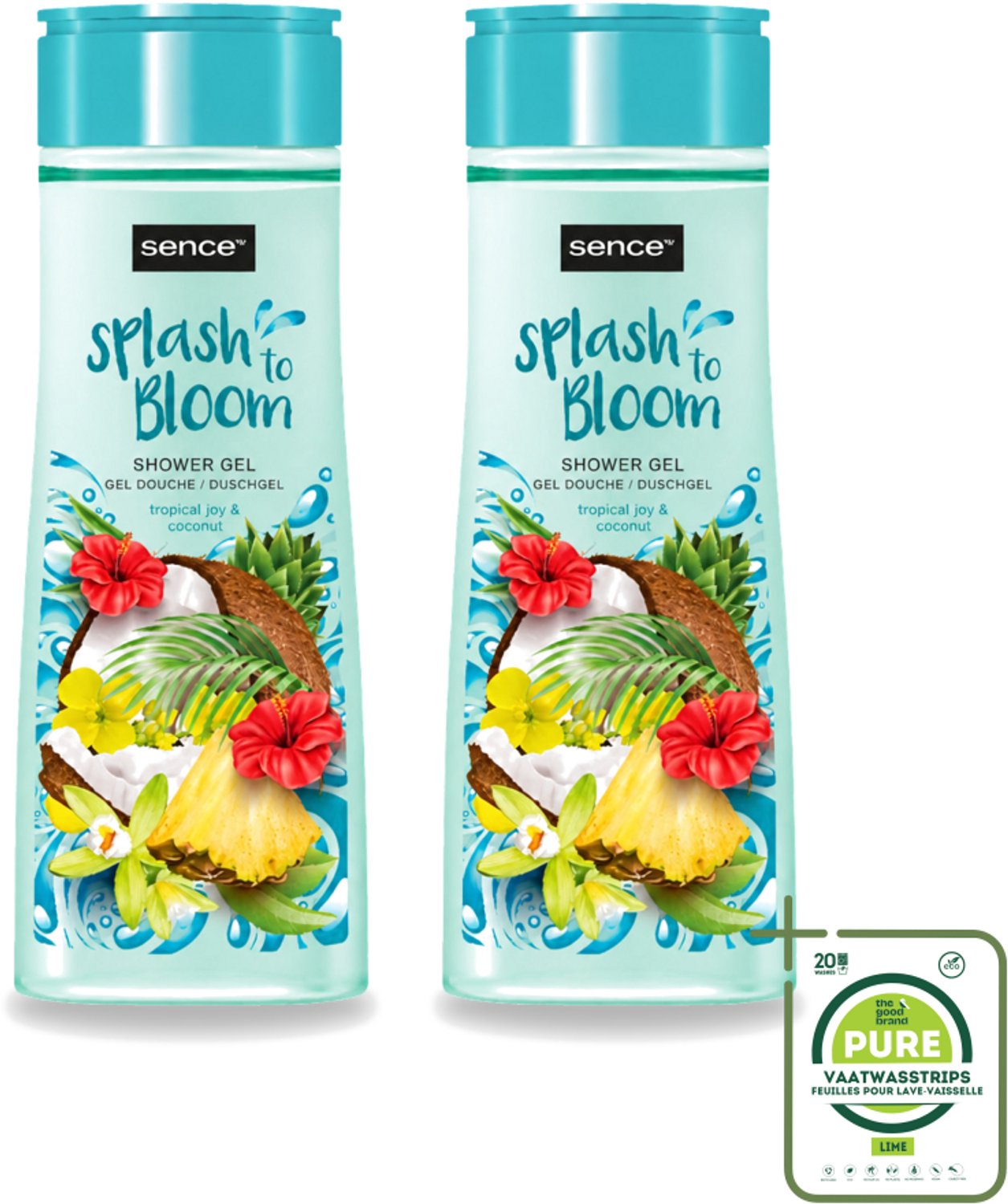 2 x Sence - Tropical Joy & Coconut - Douchegel - Exotisch - 300 ml - Grootverpakking - Vaatwasstrips - Douchegel Kokos - Tropische Geur - Zachte Reiniging - Huid Verzorging - Exotische Geur