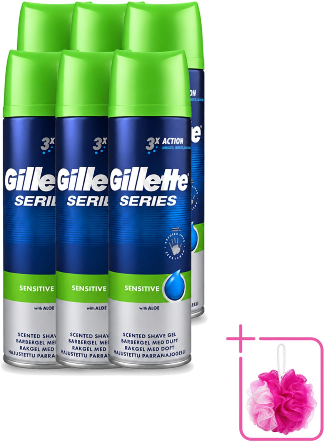 6 x Gillette Series - Scheergel - Sensitive - Aloe Vera - Voor de gevoelige huid - 200 ml - Bulkverpakking - Gevoelige huid - Douchemop - Scheergel