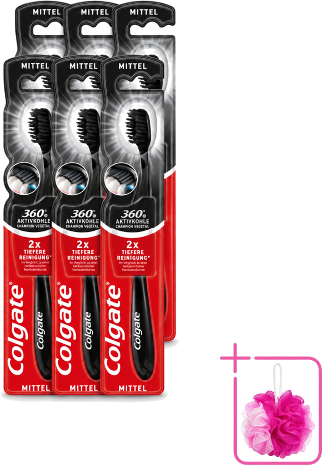 6 x Colgate - Tandenborstel - Charcoal Black 360 Medium - Zwart - 1 Tandenborstel - Bulkverpakking - Tandenborstel houtskool - Tandenborstel 360°