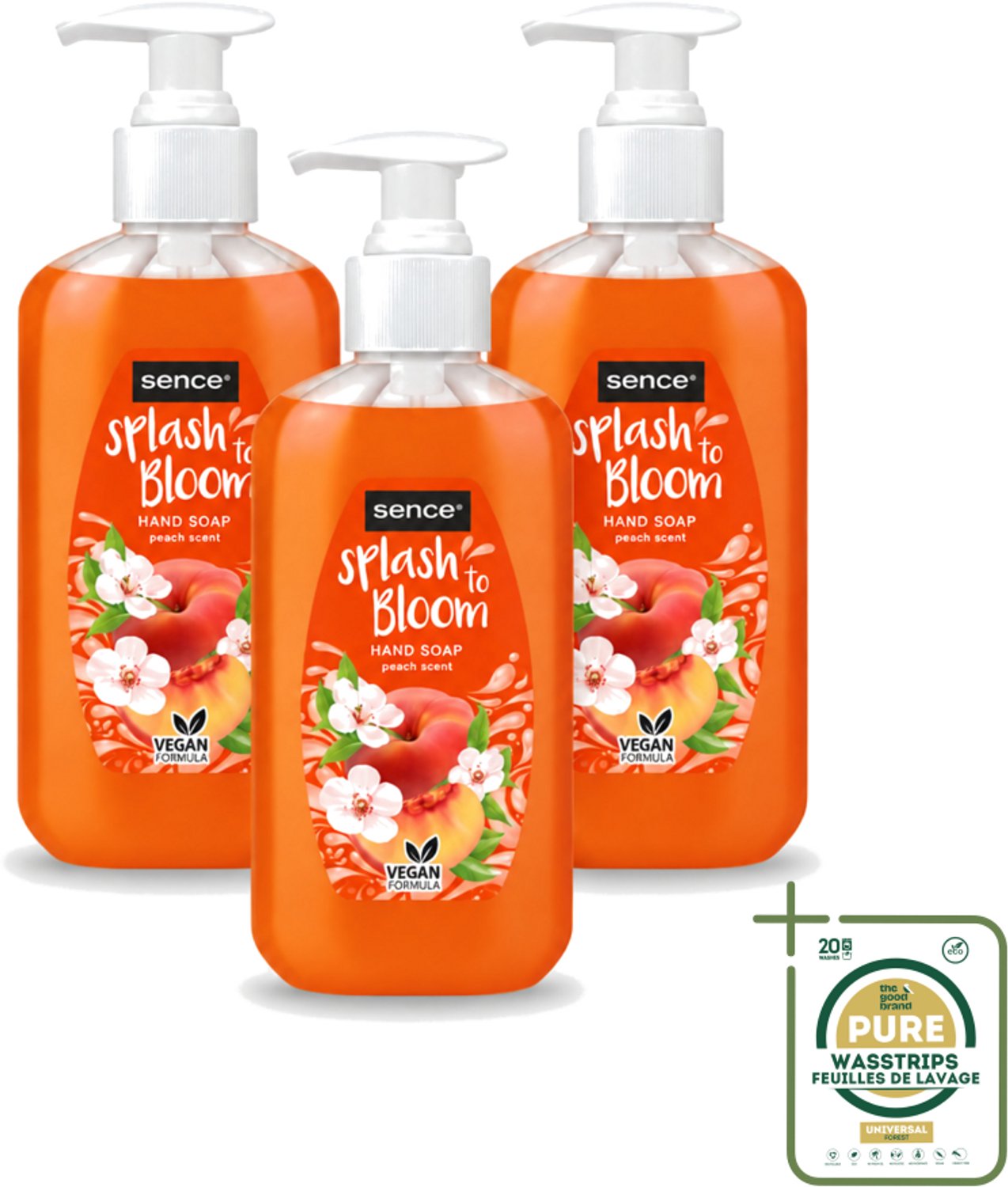 3 x Sence – Handzeep – Splash To Bloom Peach – 500 ml - Wasstrips - Handzeep - Perzikgeur - Handen Reinigen - Zachte Handzeep - Handen Verzorgen