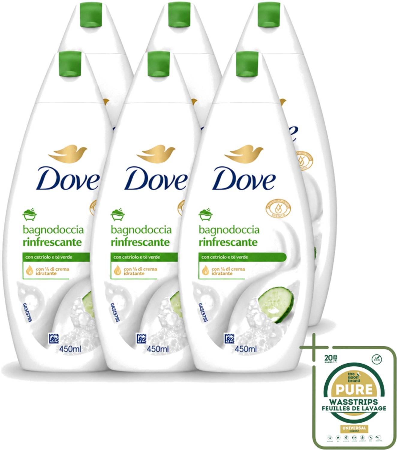 6 x Dove – Douchegel – Refreshing – 450 ml - Wasstrips - Douchegel - Frisheid - Reiniging - Huid Verzorging - Mild Reinigen