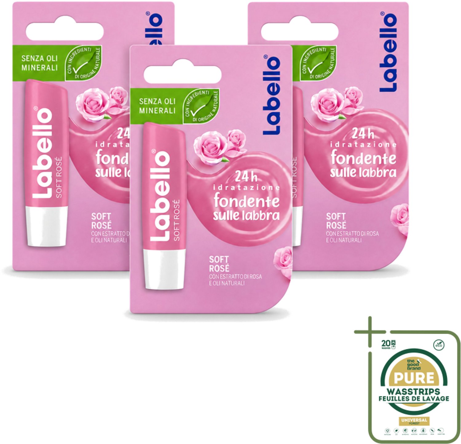 3 x Labello – Lippenbalsem – Soft Rosé - Wasstrips - Lippenbalsem - Rosé Lippenbalsem - Hydratatie Lippen - Natuurlijke Glans - Verzorging Lippen