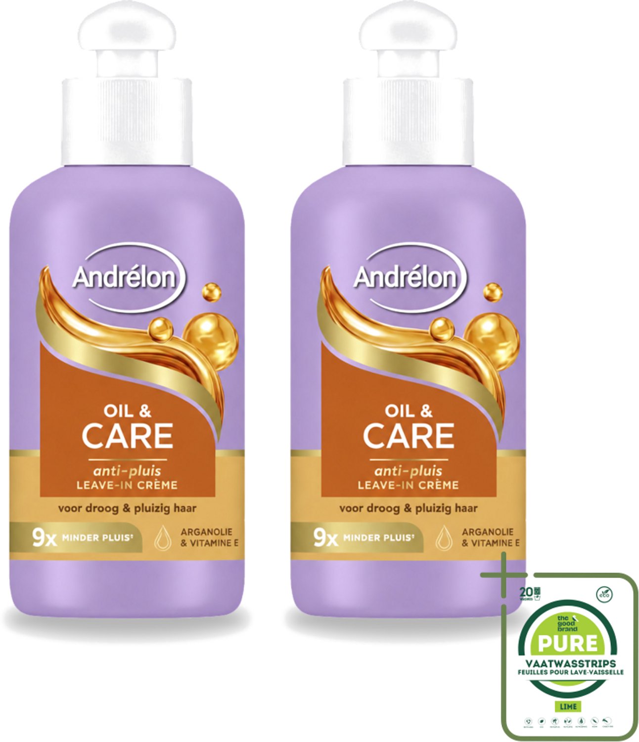 2 x Andrélon – Leave-In Crème – Oil & Care – 200 ml - Grootverpakking - Vaatwasstrips - Haarkruid - Anti-pluis - Voeding Haar - Pluiscontrole - Arganolie