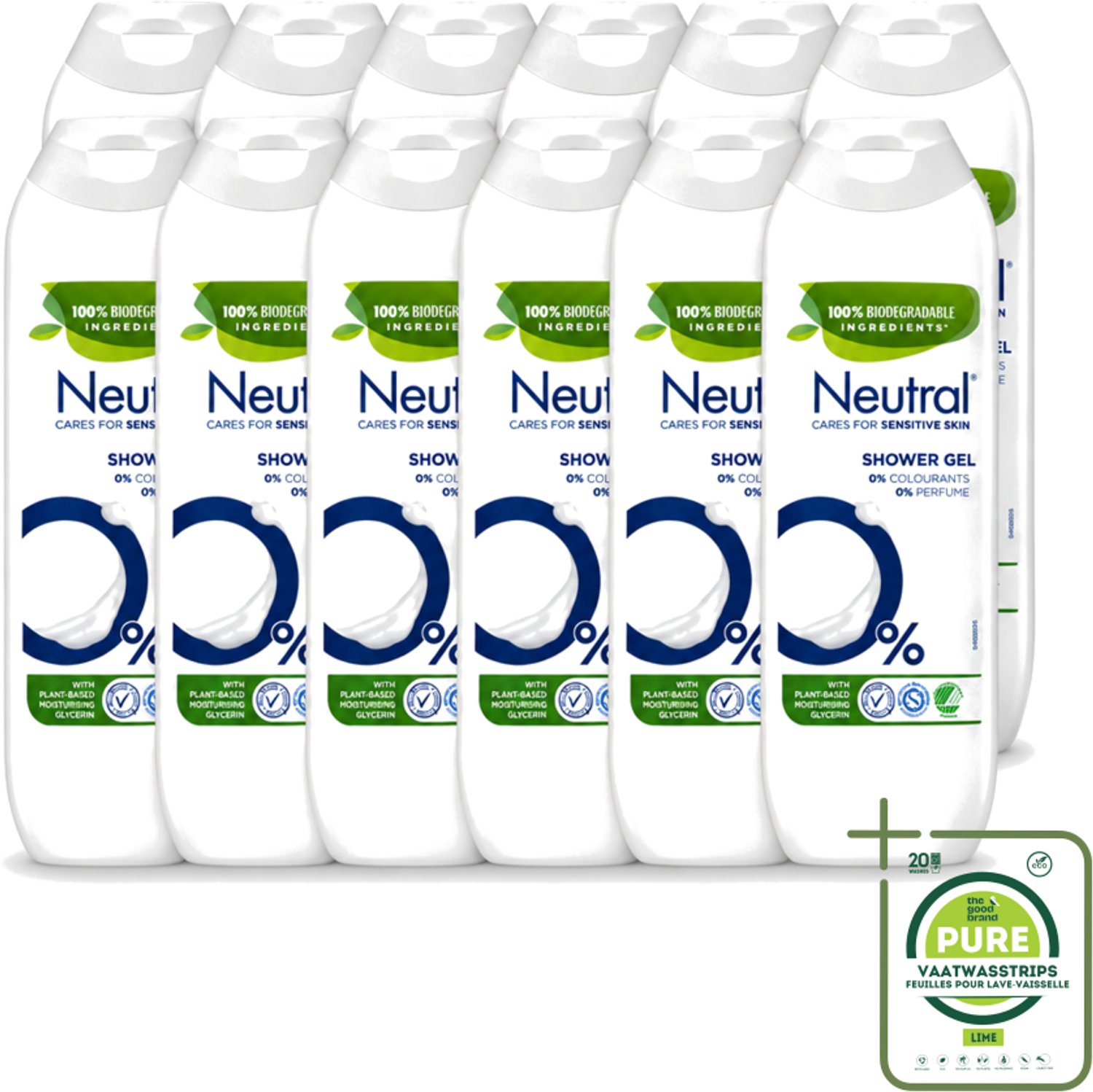 12 x Neutral – Douchegel – Parfumvrij – 250 ml - Grootverpakking - Vaatwasstrips - Gevoelige Huid - Douchegel - Parfumvrij - Allergie - Huidverzorging