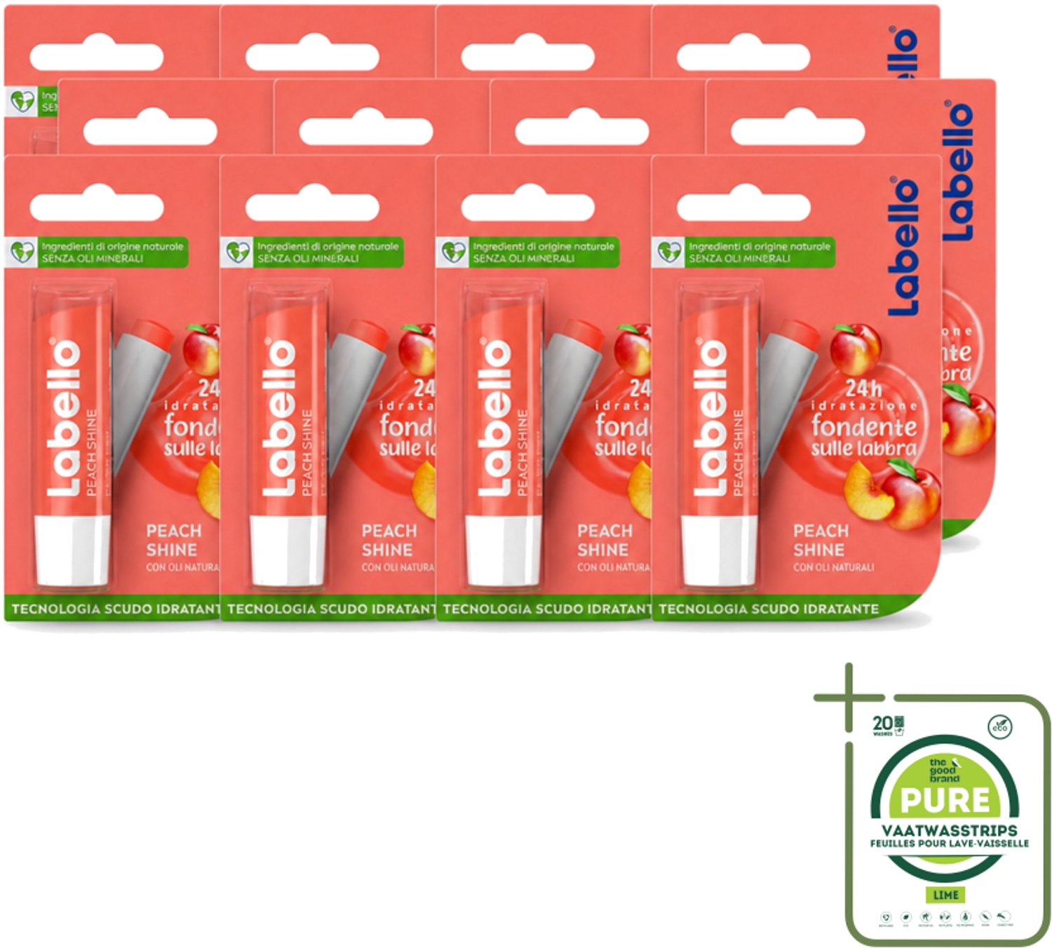 12 x Labello – Lippenbalsem – Fruity Peach Shine – Vegan - Grootverpakking - Vaatwasstrips - Lippenbalsem - Vegan Lippenbalsem - Perzikaroma - Glans Lippen - Natuurlijke Lippenbalsem