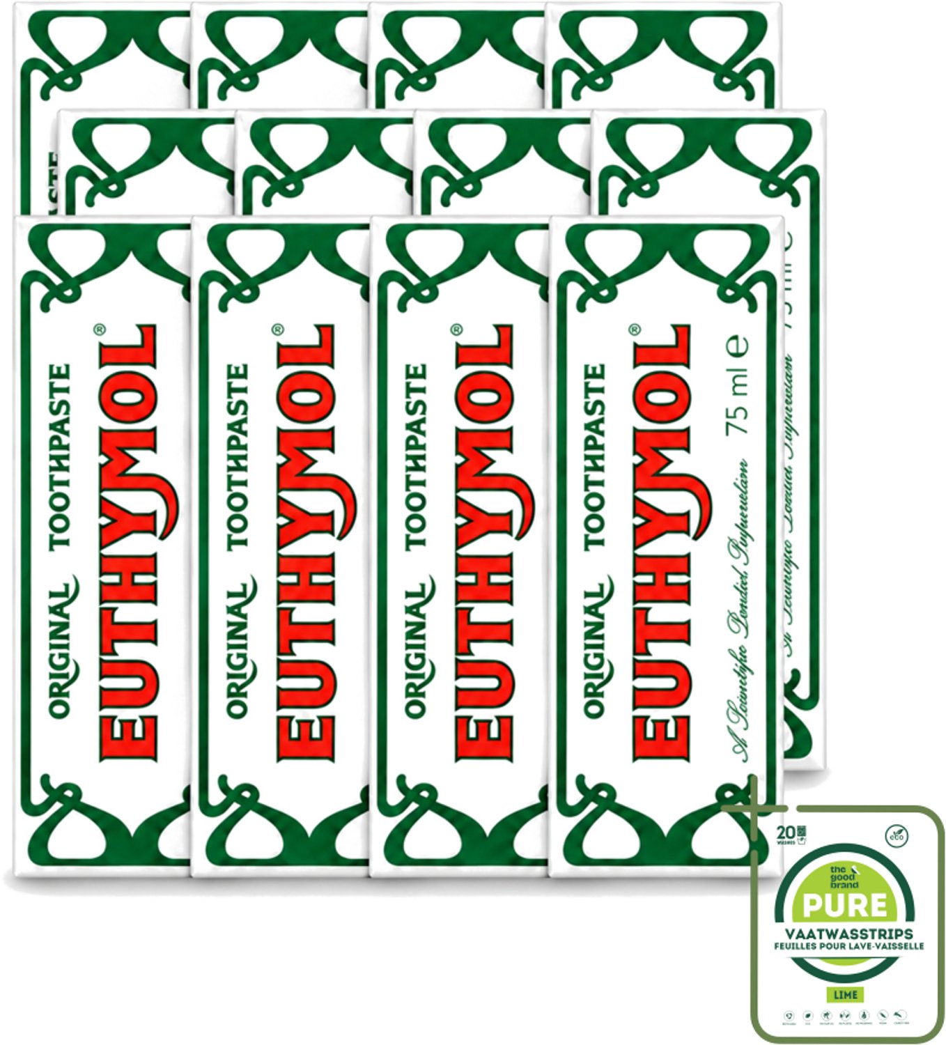 12 x Euthymol – Tandpasta – Original Dentifrice – 75 ml - Grootverpakking - Vaatwasstrips - Tandpasta - Thymol - Fluoridevrij - Mondhygiëne - Tanden Reinigen