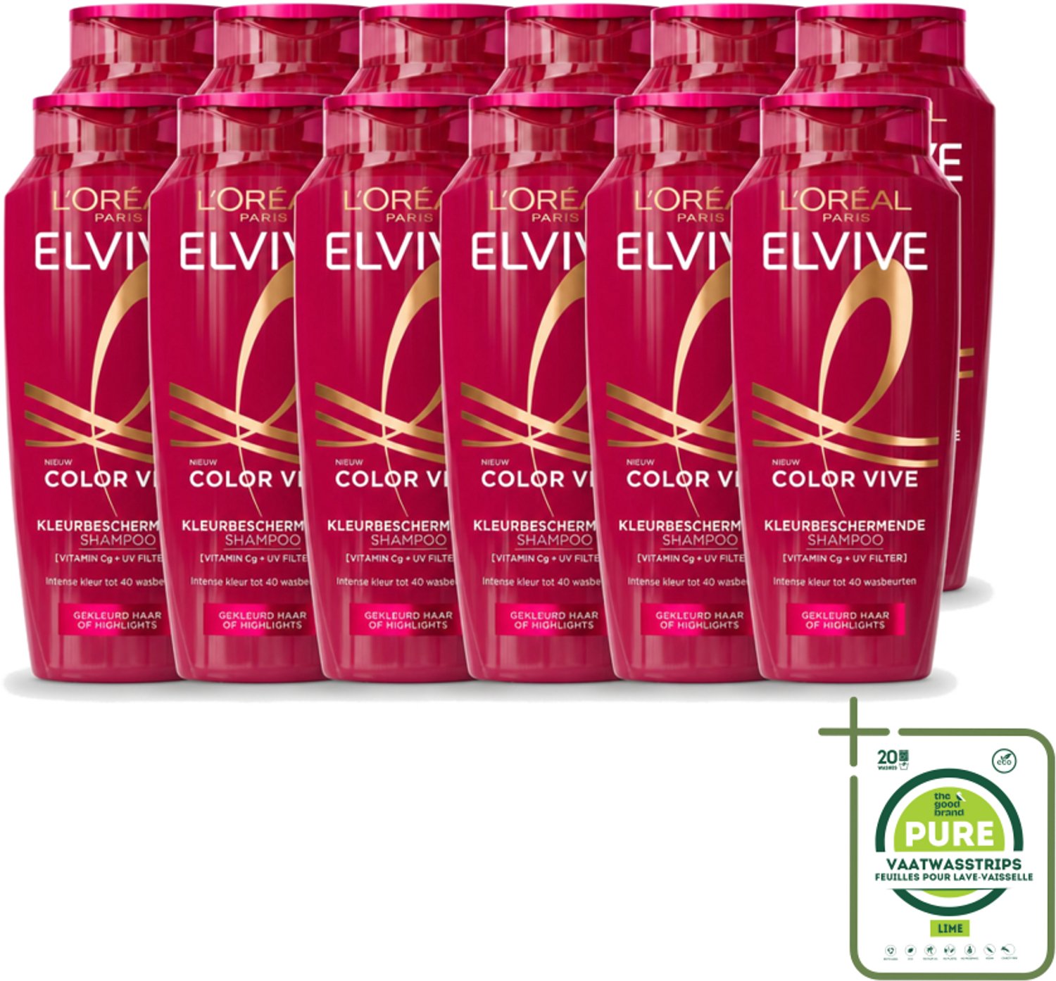 12 x L’Oréal Paris Elvive – Shampoo – Color Vive – Gekleurd Haar – 250 ml - Grootverpakking - Vaatwasstrips - Kleurbehoud Haar - Glans Haar - Gekleurd Haar - Highlights - Wasbeurten