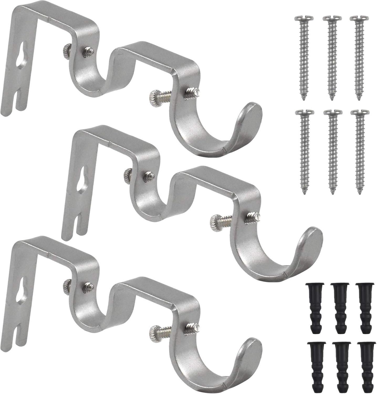 Set of 3 Adjustable Metal Curtain Rod Holders with Screws and Drills (Silver) - ShopVlot