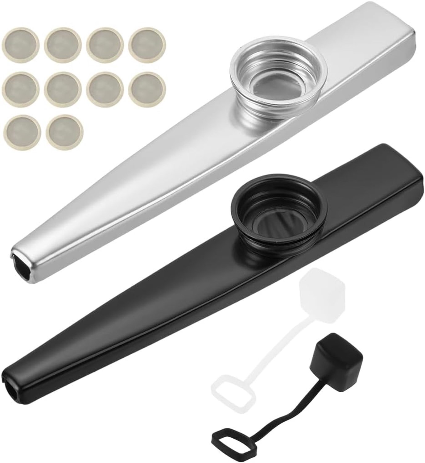 2 stuks kazoo fluit van metaal, zwart en zilver, complete set met 10 membranen en 2 stofdoppen, draagbaar - ShopVlot