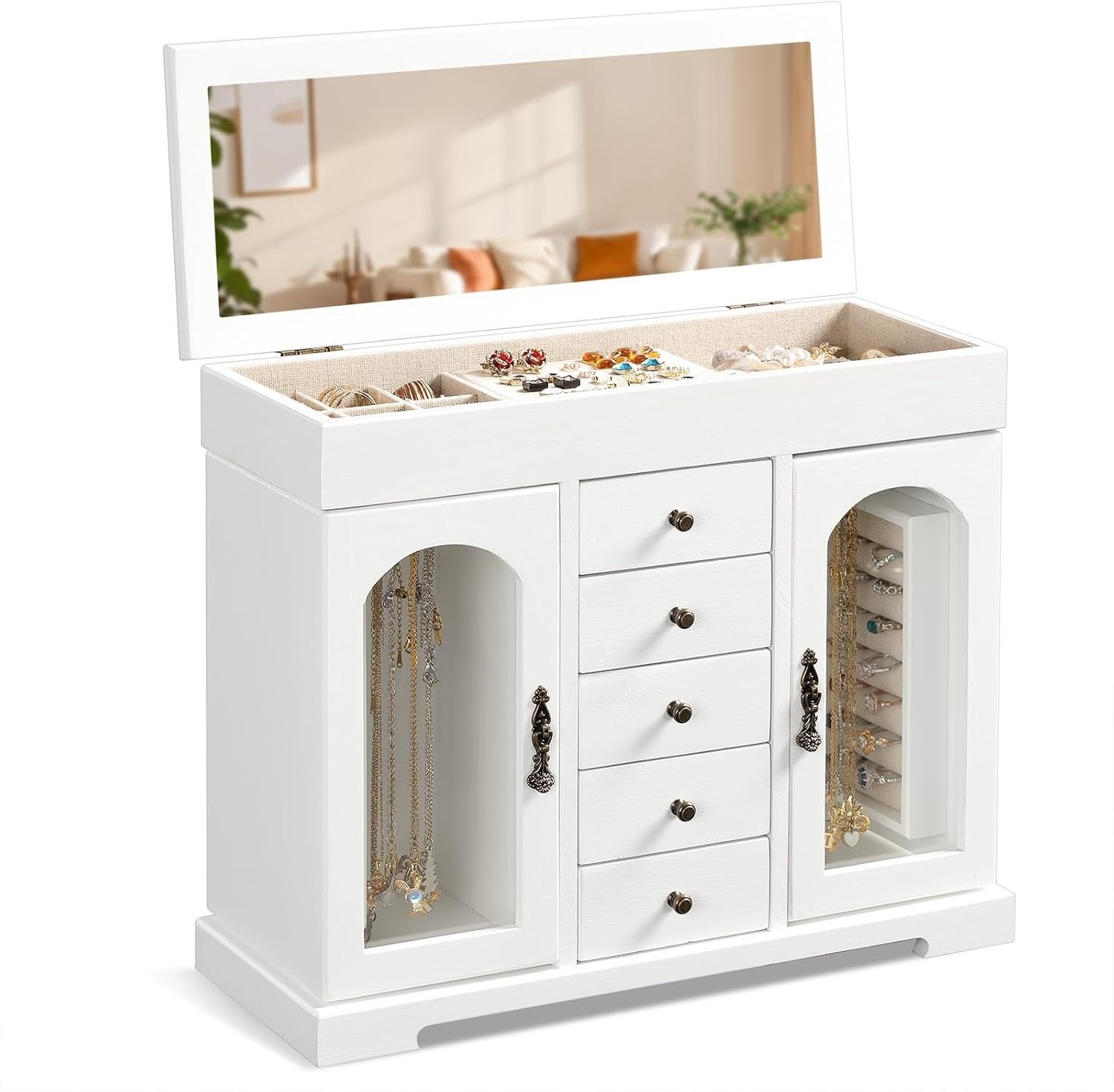 Grote Houten Sieradenbox voor Vrouwen en Meisjes, 6 Laags Organizer met Spiegel voor Kettingen, Oorbellen en Ringen